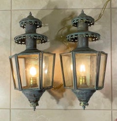 Antique/Vintage Pair of Solid Brass Patina Exterior Wall Lanterns / Sconces