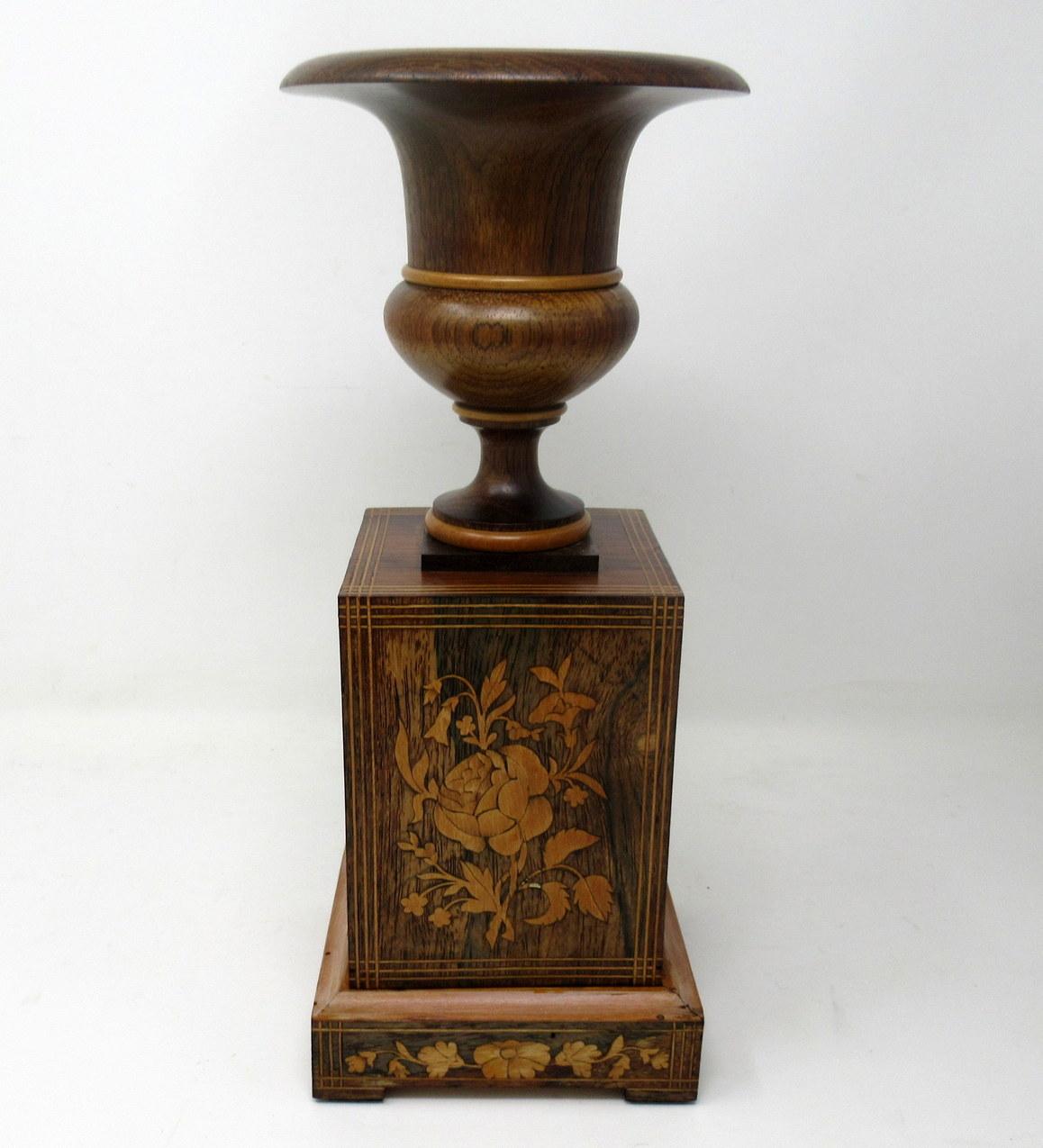 English Antique Vintage Pair Wooden Treen Carved Rosewood Candlesticks Urns Mid Century