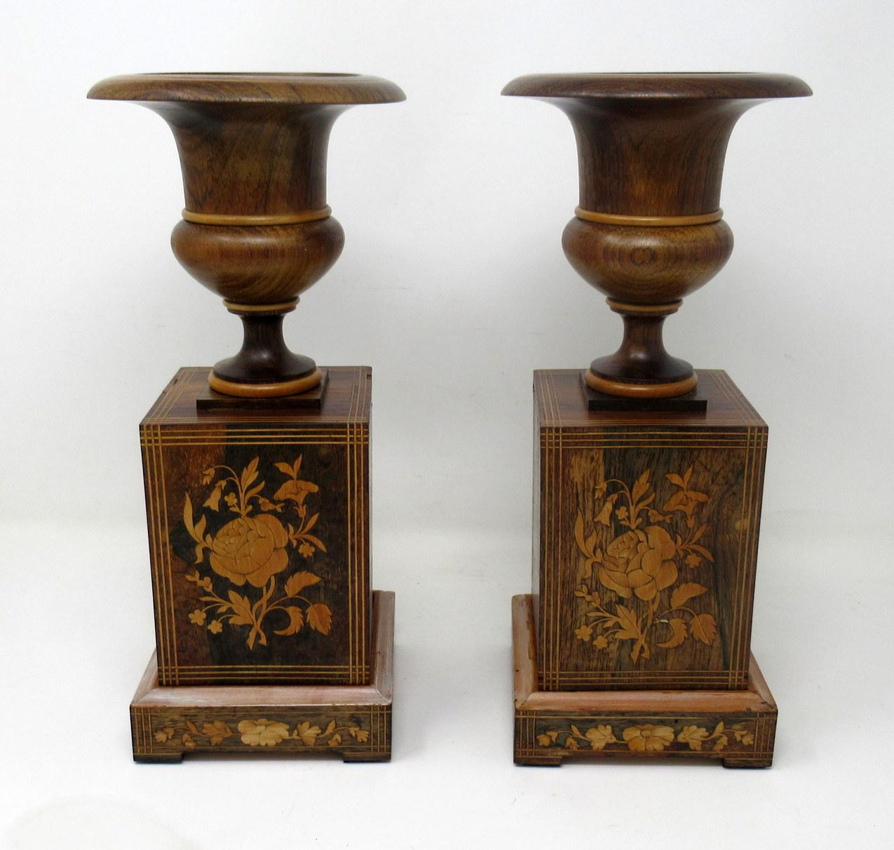 Hand-Carved Antique Vintage Pair Wooden Treen Carved Rosewood Candlesticks Urns Mid Century