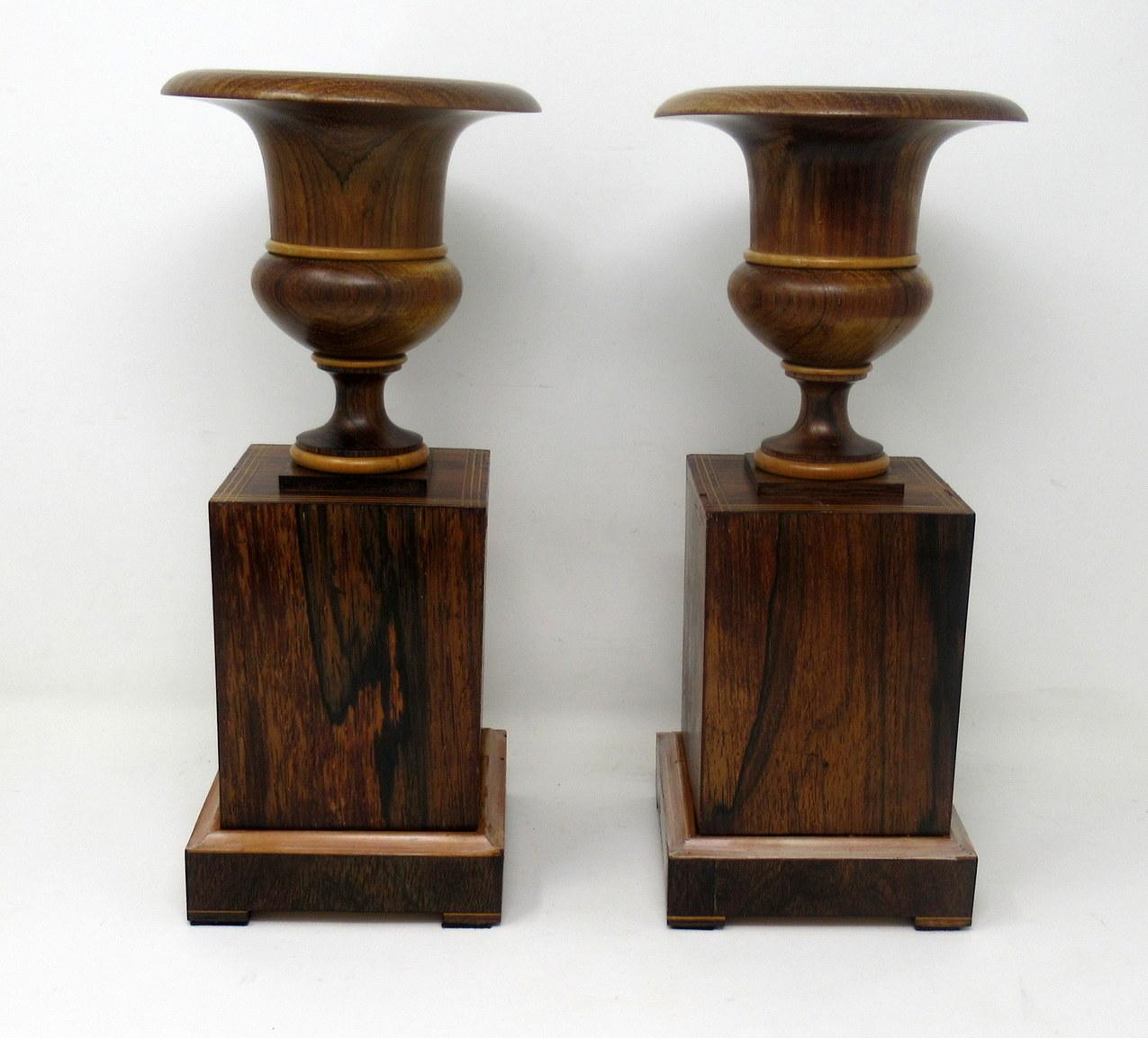 Antique Vintage Pair Wooden Treen Carved Rosewood Candlesticks Urns Mid Century In Good Condition In Dublin, Ireland