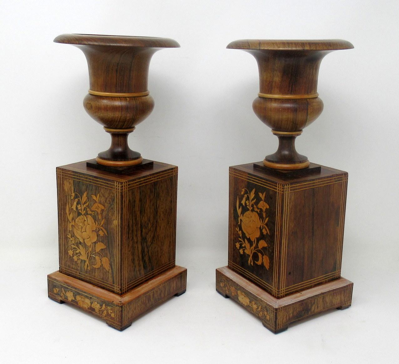 20th Century Antique Vintage Pair Wooden Treen Carved Rosewood Candlesticks Urns Mid Century