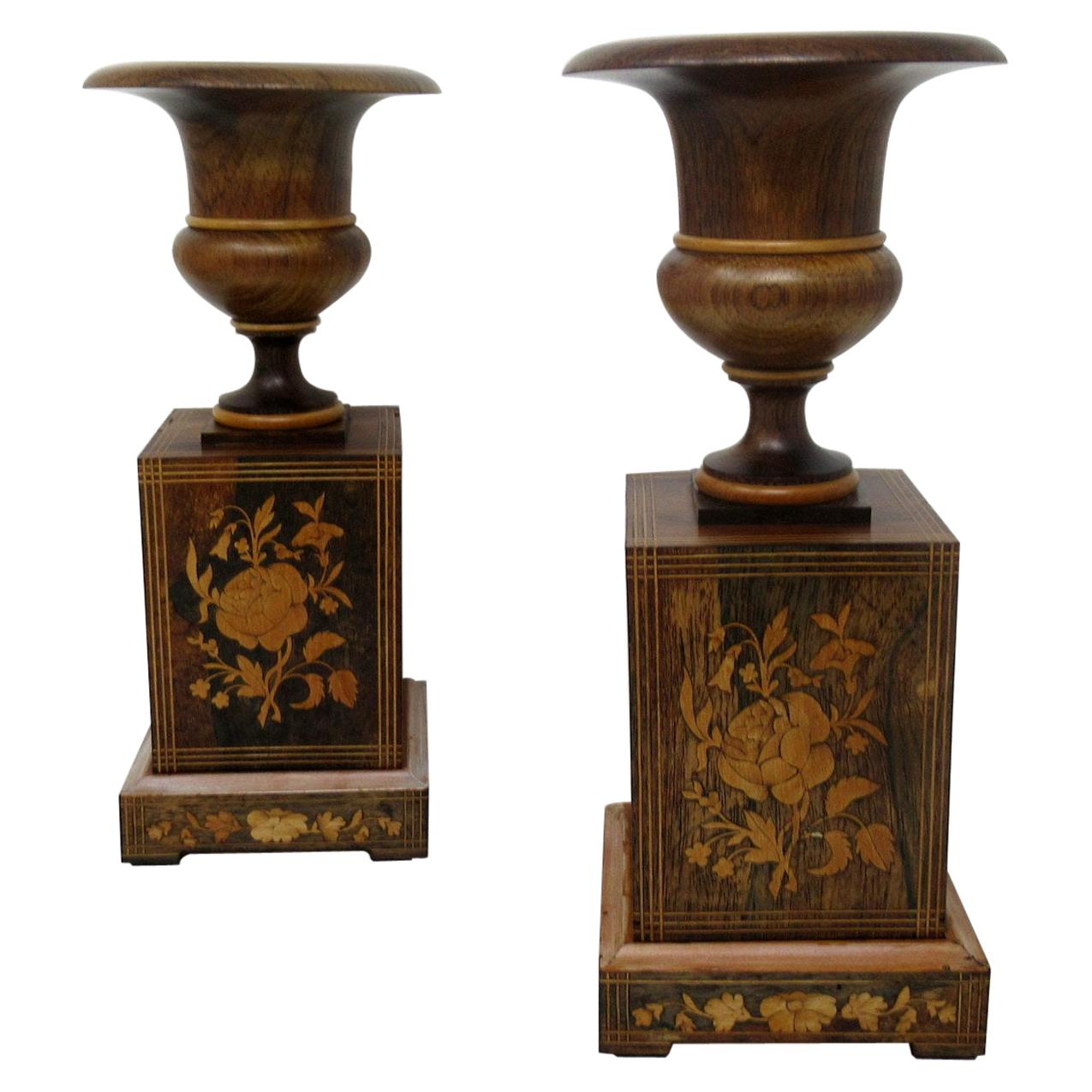 Antique Vintage Pair Wooden Treen Carved Rosewood Candlesticks Urns Mid Century