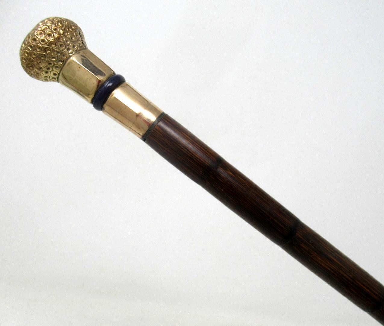 Fine quality polished stepped partridge wood ladies lightweight walking or dress cane with highly decorative embossed 18-carat gold-plated grip, last quarter of the 19th century.

Makers mark of C F. Second mark “18ct GP”

Initials E H and dated