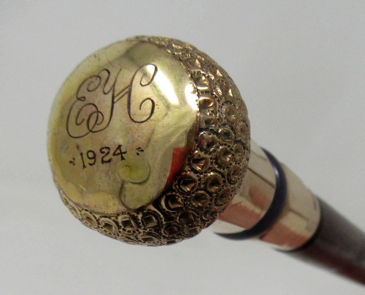 20th Century Antique Vintage Partridge Wood Walking Stick Cane 18-Carat Gold-Plated Grip 1924