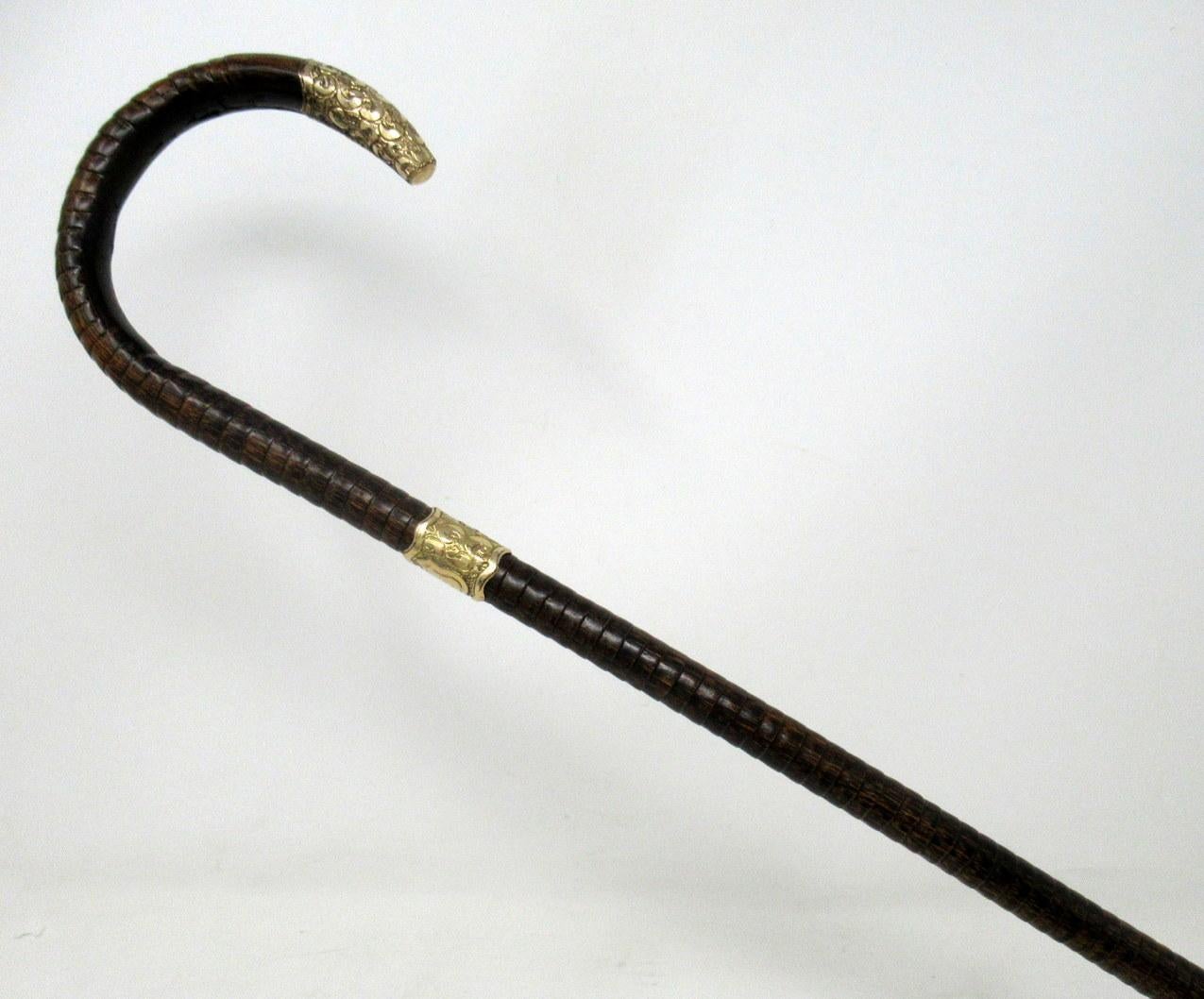 Embossed Antique Vintage Partridge Wood Wooden Walking Stick 18ct Gold-Plated Grip Collar