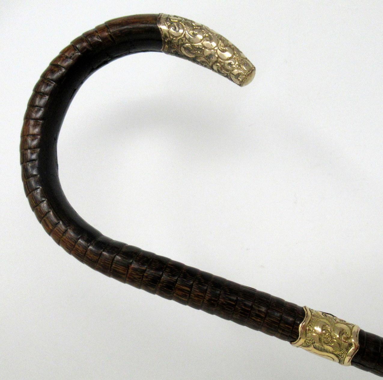 Antique Vintage Partridge Wood Wooden Walking Stick 18ct Gold-Plated Grip Collar In Good Condition In Dublin, Ireland