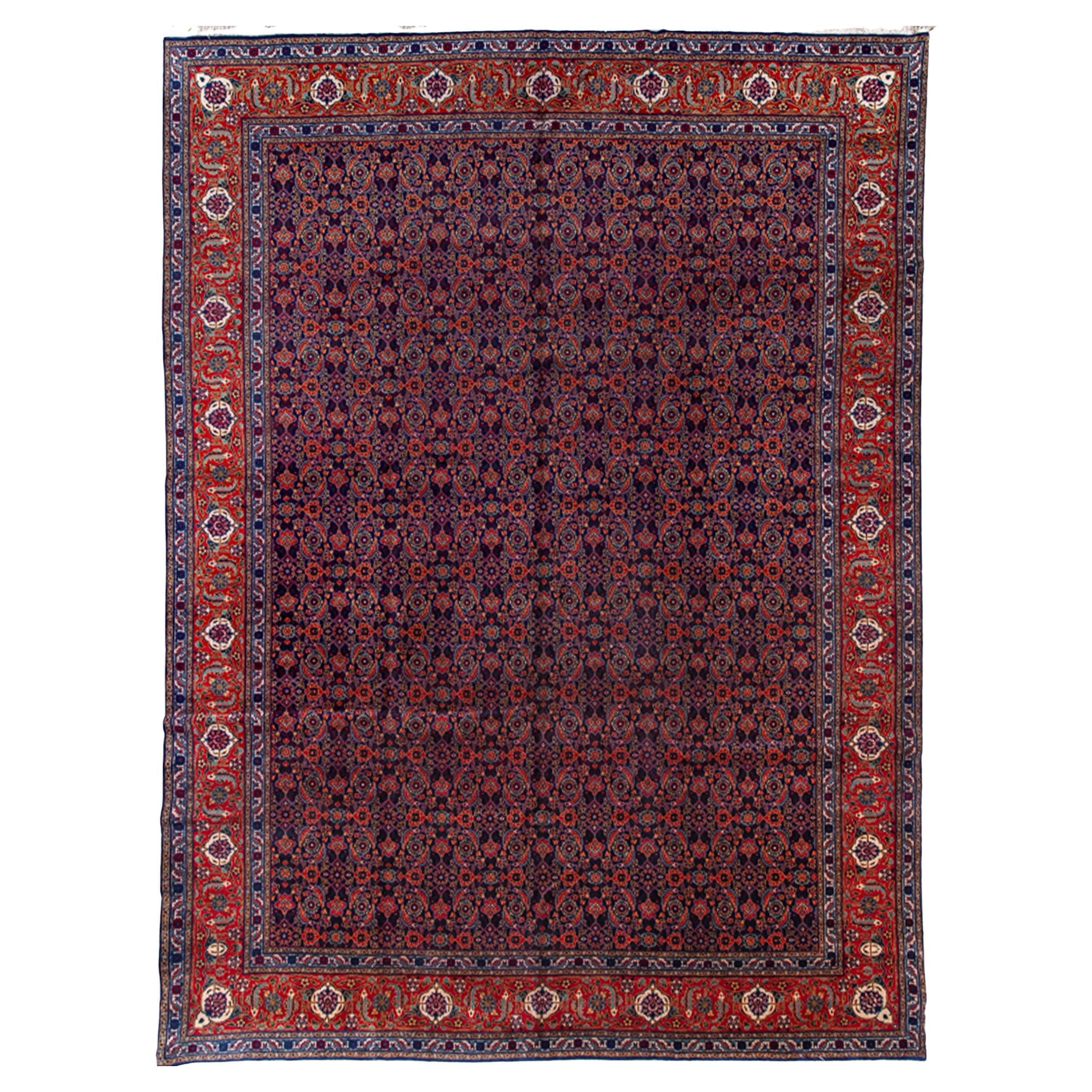 Antique Vintage Persian Handwoven Luxury Wool Navy/Rust Rug 12'-2" X 15'-4" Size For Sale