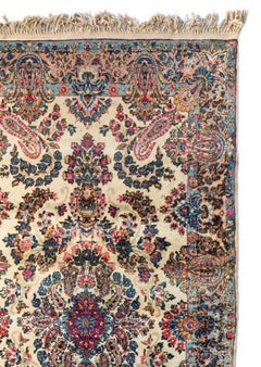 Antique Vintage Persian Ivory Floral Kirman Small Rug, c. 1930s