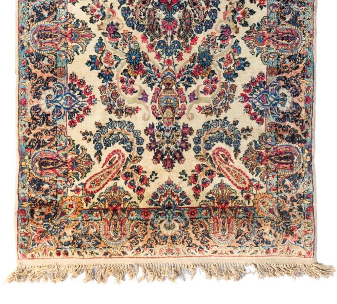 Hand-Knotted Antique Vintage Persian Ivory Floral Kirman Small Rug, c. 1930s For Sale