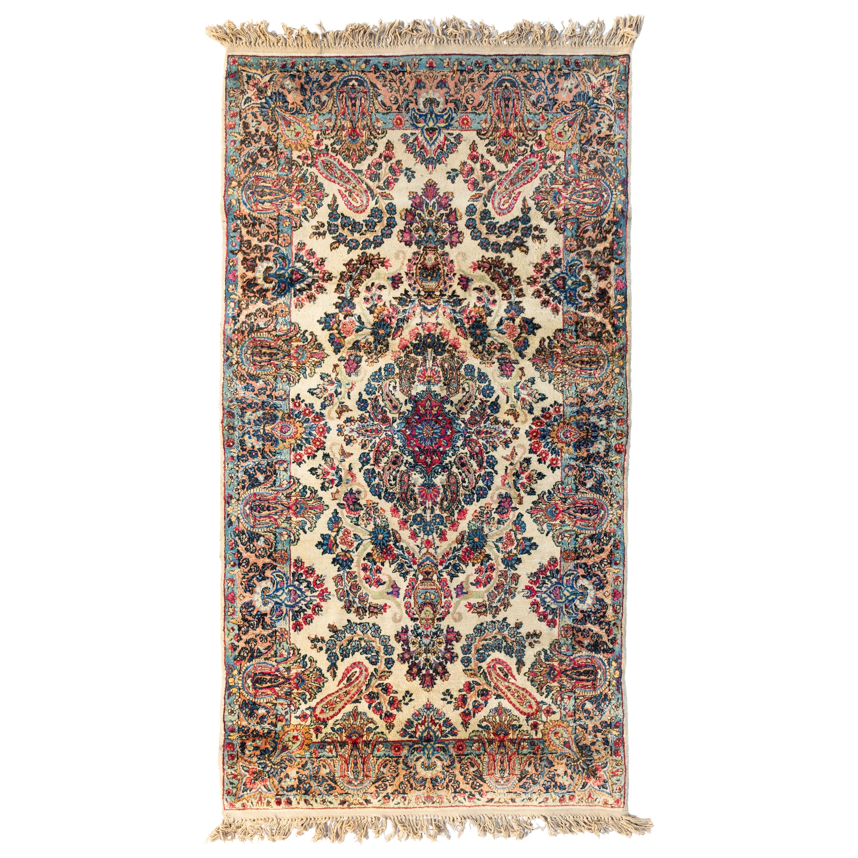 Antique Vintage Persian Ivory Floral Kirman Small Rug, c. 1930s For Sale