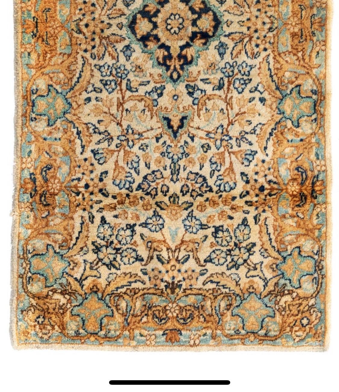 Hand-Knotted Antique Vintage Persian Ivory Gold Blue Floral Kirman Small Rug, circa 1930s For Sale