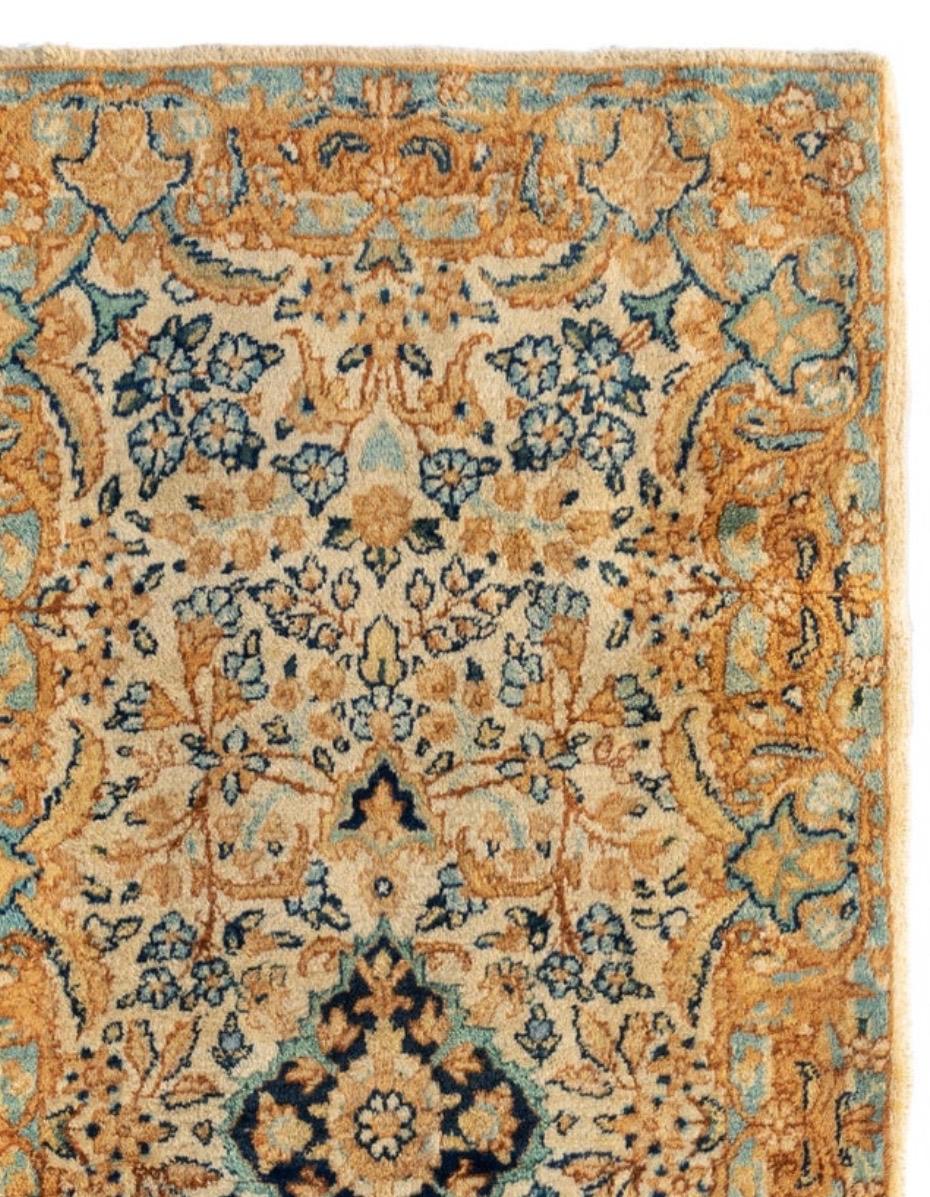 Antique Vintage Persian Ivory Gold Blue Floral Kirman Small Rug, circa 1930s In Good Condition For Sale In New York, NY