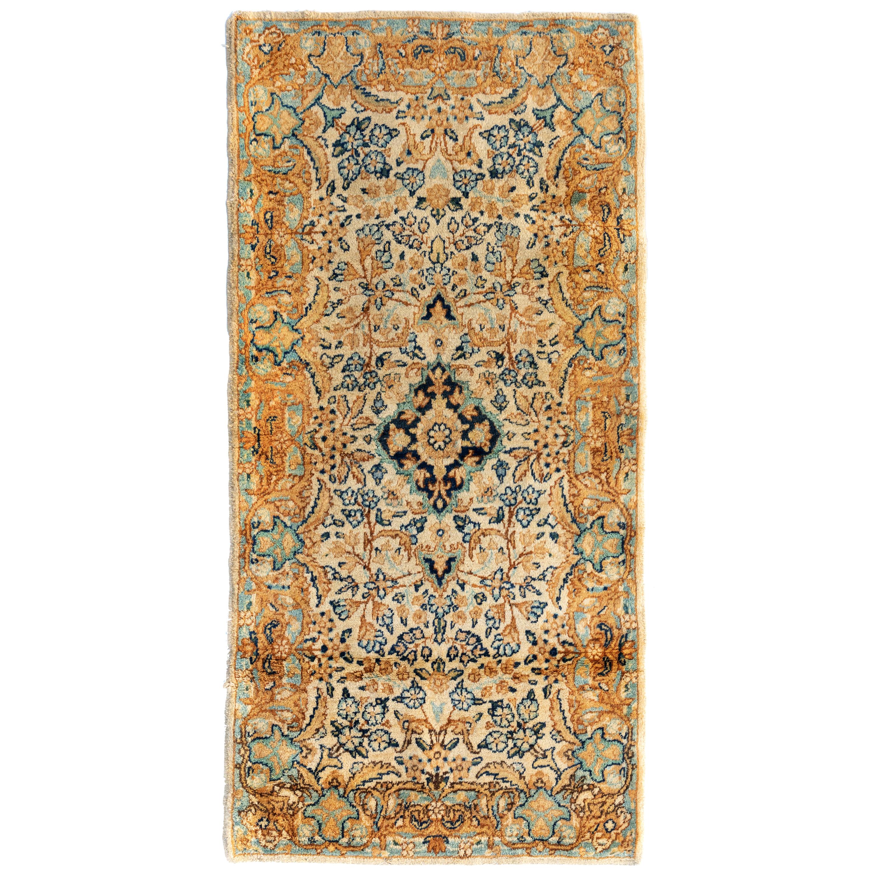 Antique Vintage Persian Ivory Gold Blue Floral Kirman Small Rug, circa 1930s For Sale
