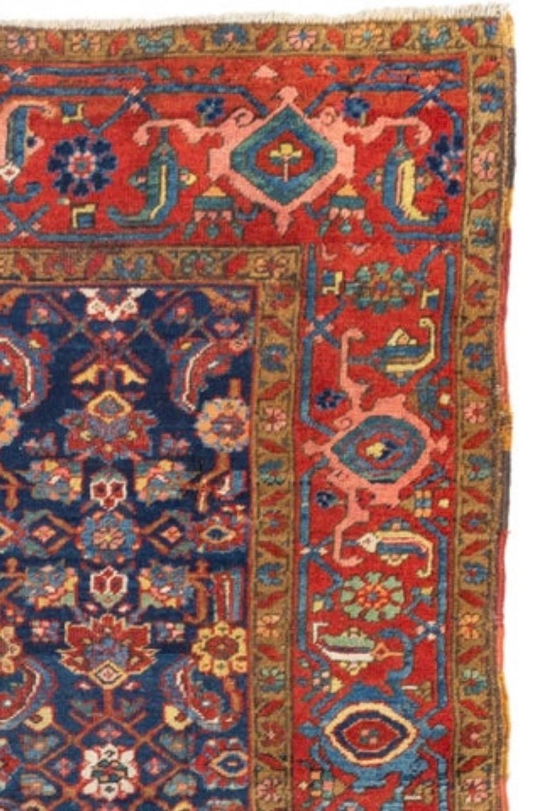 Antique Vintage Persian Red Gold Navy Blue Geometric Heriz Area Rug ...
