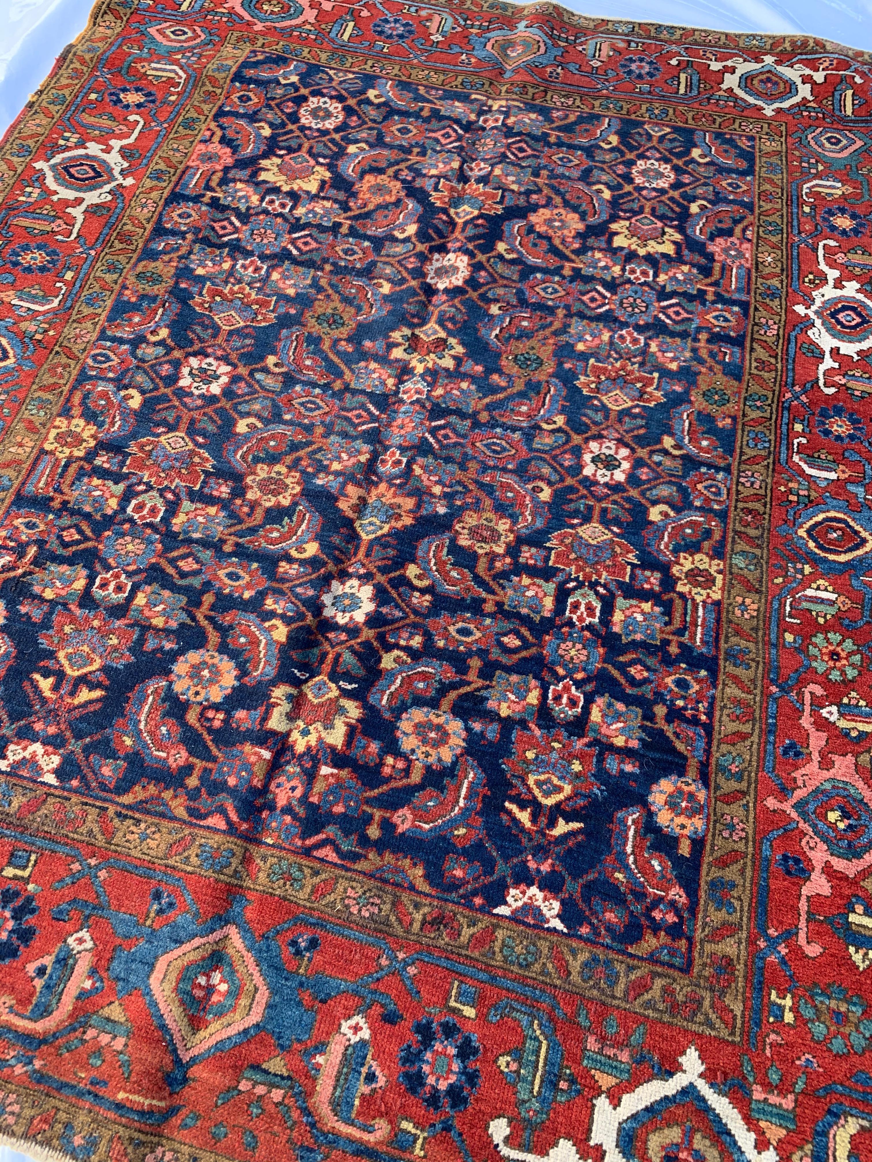 Antique Vintage Persian Red Gold Navy Blue Geometric Heriz Area Rug, circa 1920s In Good Condition For Sale In New York, NY