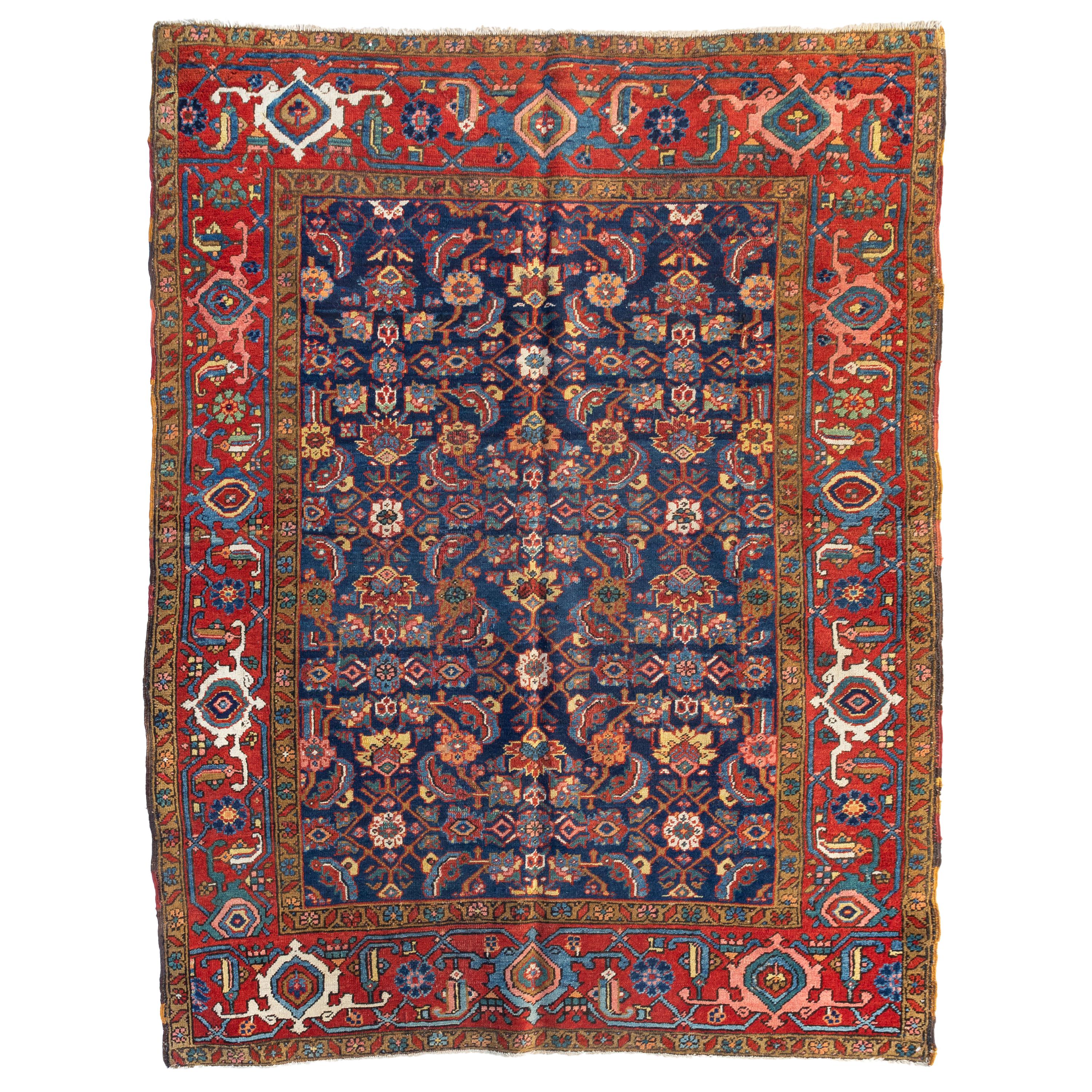 Antique Vintage Persian Red Gold Navy Blue Geometric Heriz Area Rug, circa 1920s For Sale