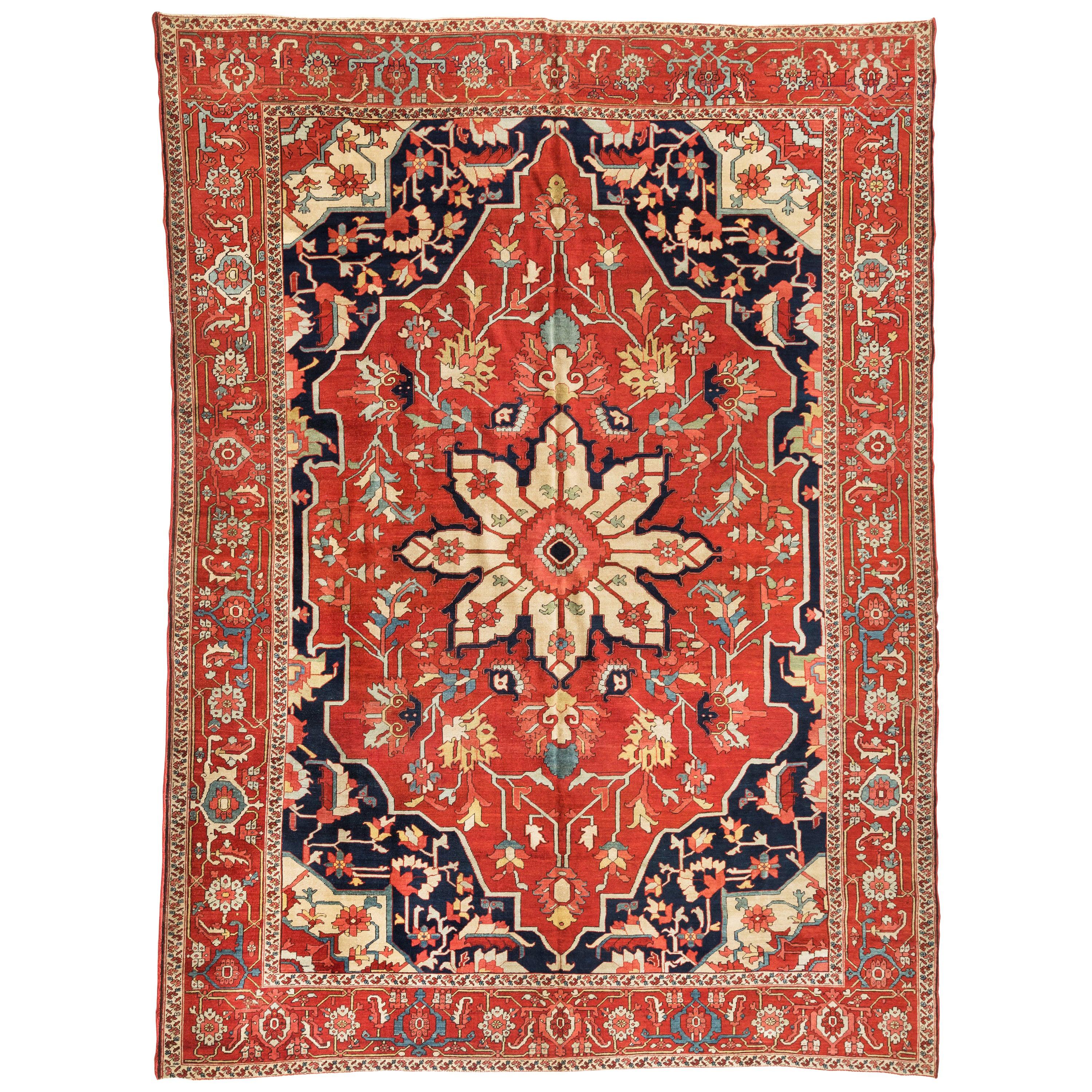 Antique Vintage Persian Red Navy Blue Ivory Serapi Rug, circa 1900-1910s