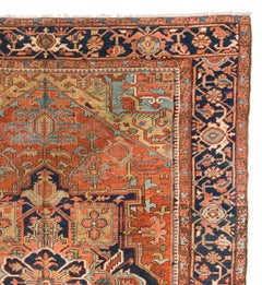 Antique Vintage Persian Rust Light Blue Geometric Tribal Heriz Area Rug c. 1920s
