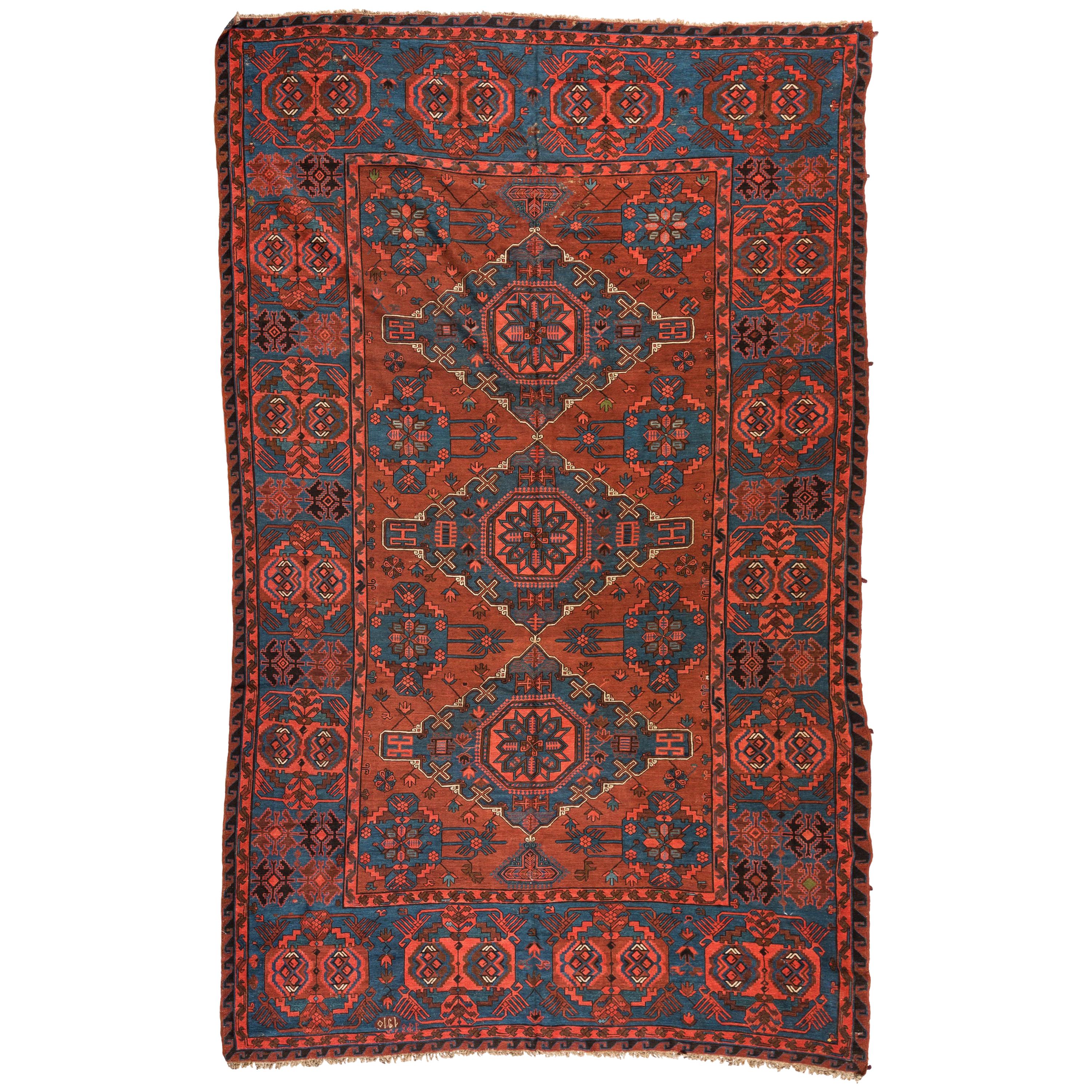 Antique Vintage Red and Blue Caucasian Soumak Tribal Flat-Weave Rug, circa 1930s