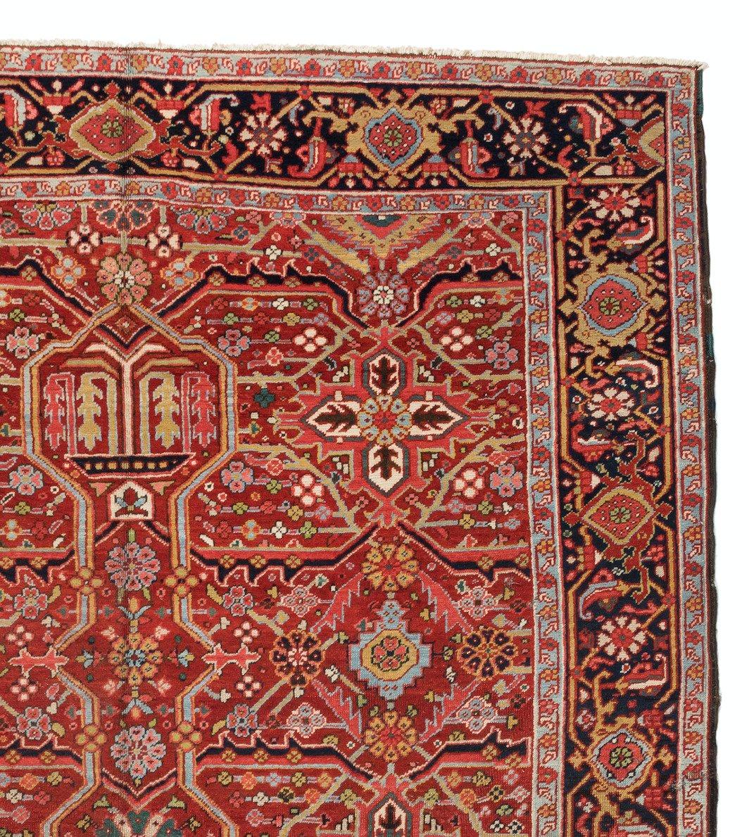 Hand-Knotted Antique Vintage Red Navy Border Tribal Persian Heriz Area Rug, circa 1920-1930s For Sale