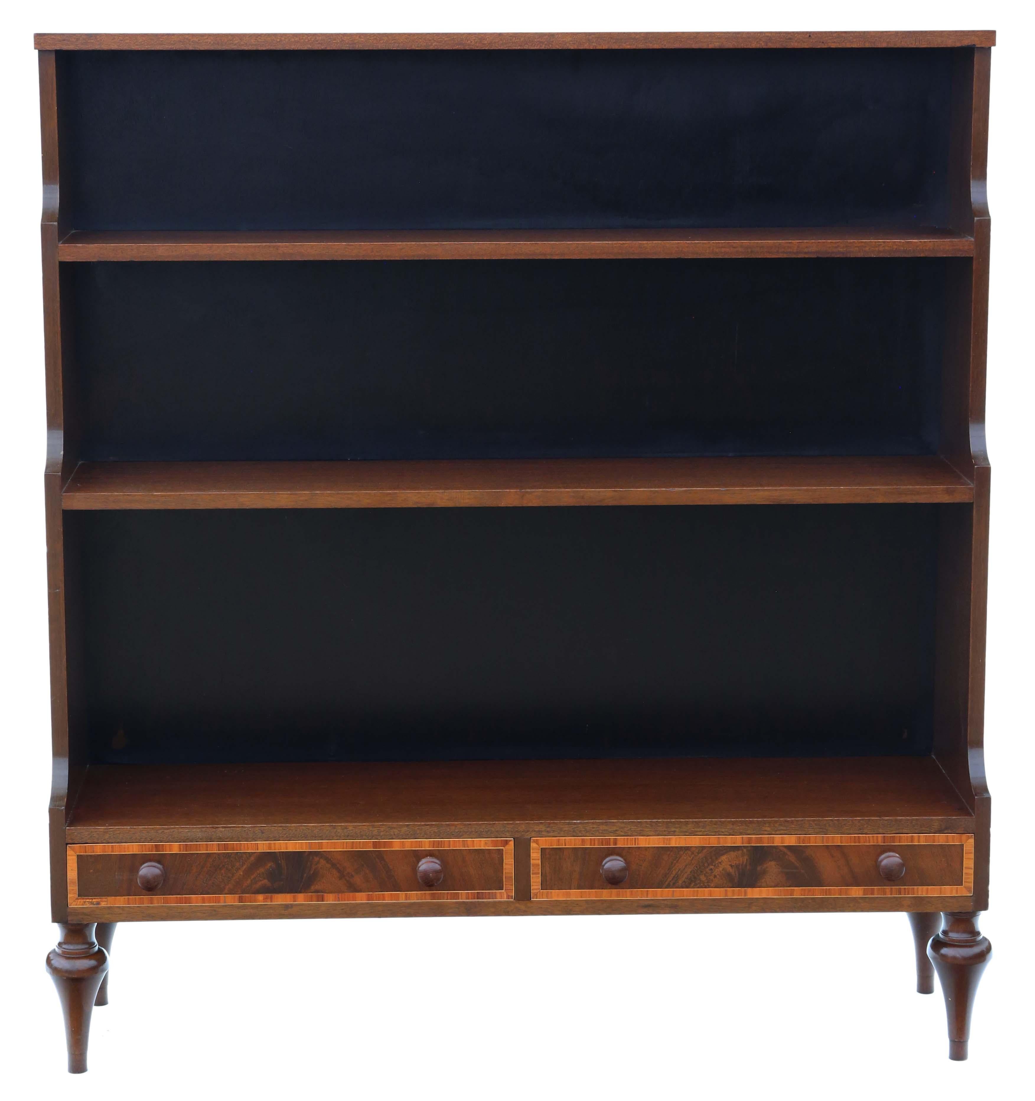 Antique vintage retro fine quality large Victorian revival inlaid mahogany waterfall bookcase C1960.

Solid and strong, with no loose joints or woodworm.

The oak lined drawers with crossbanding and hand cut dovetails slide freely. Elegant tapered