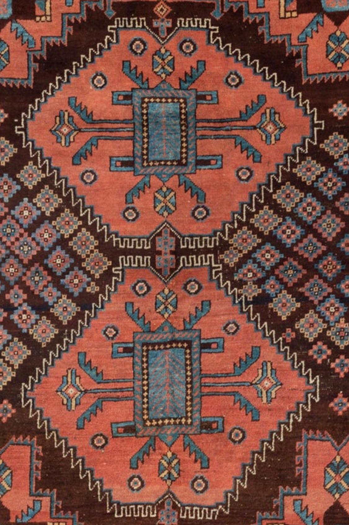 Hand-Knotted Antique Vintage Rose Brown Blue Tribal Persian Afshar Area Rug, circa 1900-1910 For Sale