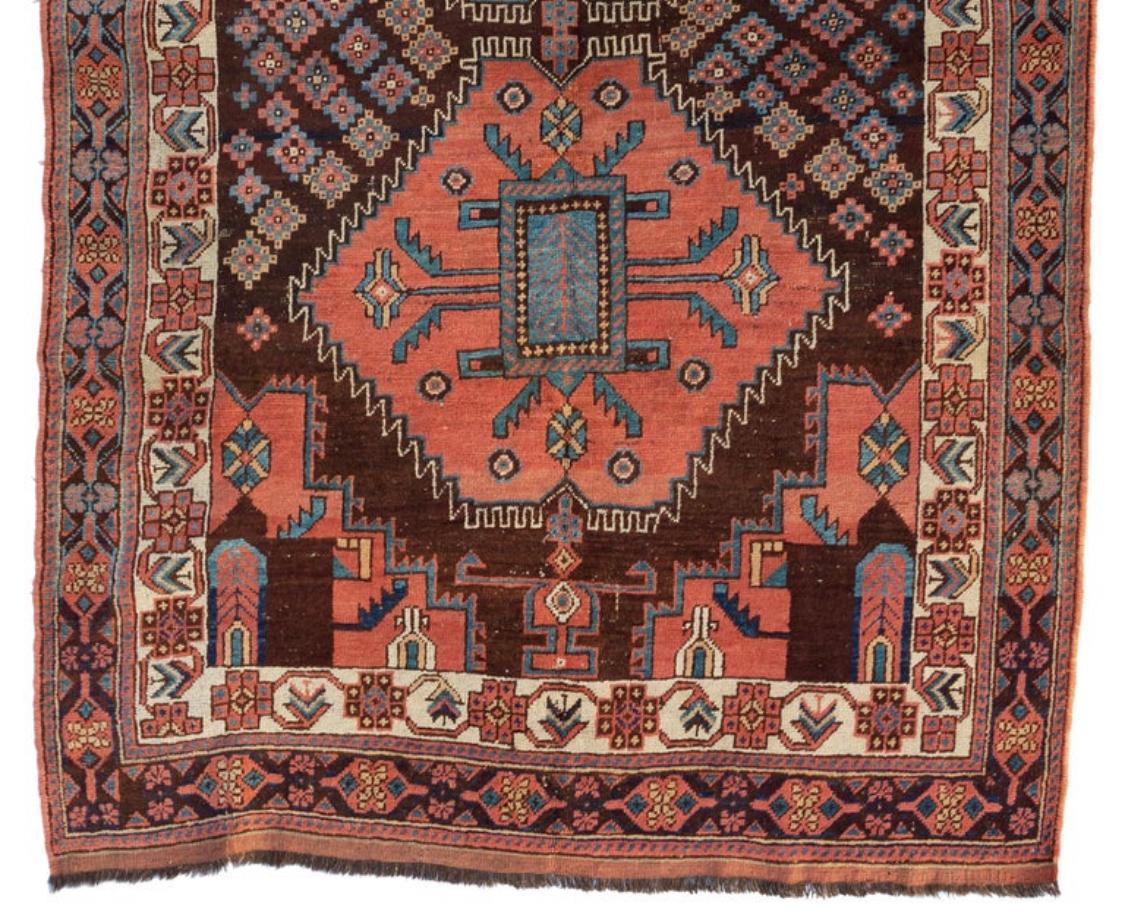Antique Vintage Rose Brown Blue Tribal Persian Afshar Area Rug, circa 1900-1910 In Good Condition For Sale In New York, NY