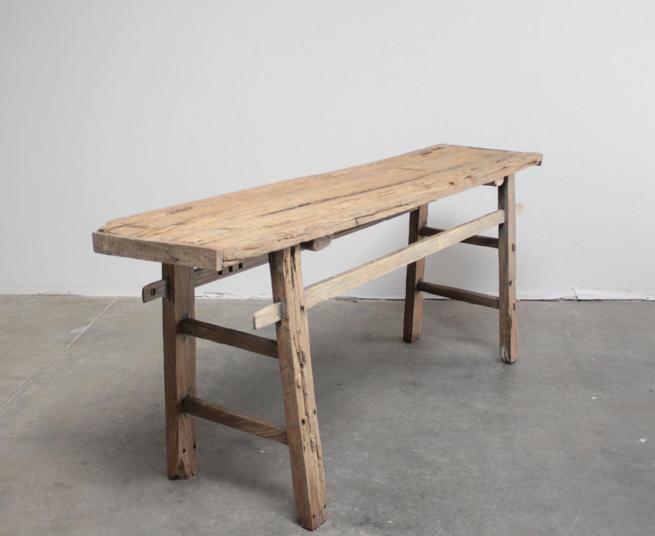 20th century antique vintage rustic elmwood console table
Beautiful natural rustic patina, the console table is solid and sturdy ready for everyday use.
This has a natural raw patina with splits in the top, but this does not affect the stability.