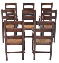 Antique Vintage Set of 8 Oak Dining Chairs c.1930 – 6 Side Chairs + 2 Armchairs