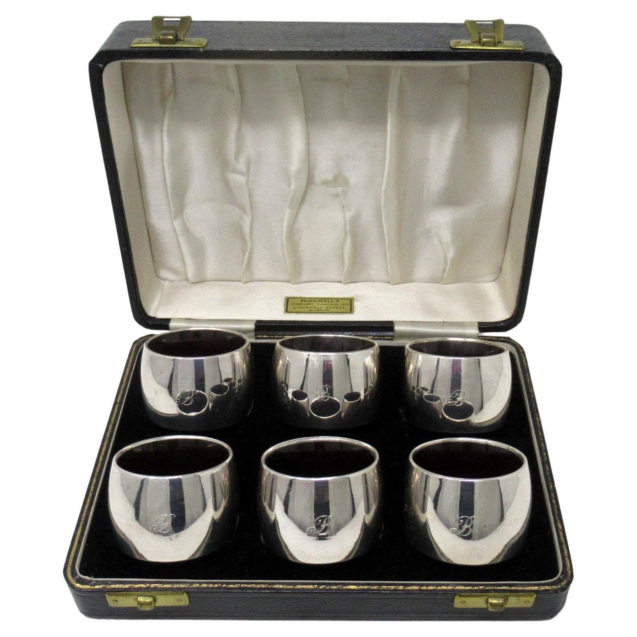 Antique Vintage Set Six Art Deco English Sterling Silver Napkin Rings