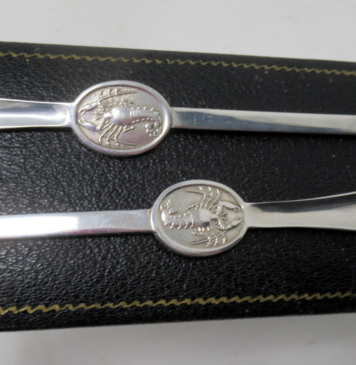 20th Century Antique Vintage Set Six English Sterling Silver Tea Spoons Pair Lobster Picks For Sale