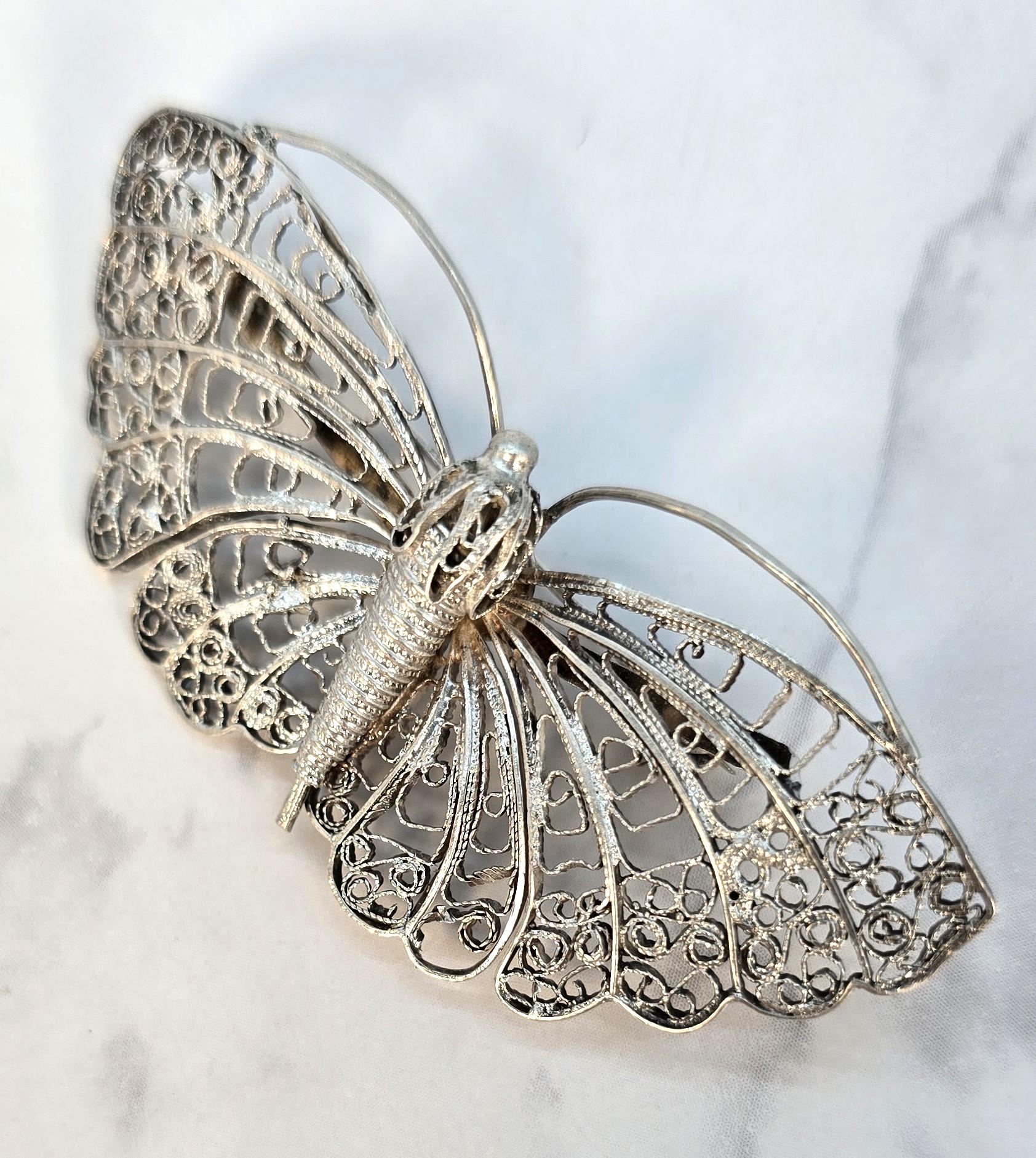 Antiguo/vintage broche de mariposa de filigrana de plata, circa 1930 en venta 1