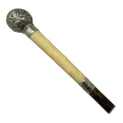 Antique Vintage Silver Plated Carved Boar Tusk Walking Swagger Cane Stick