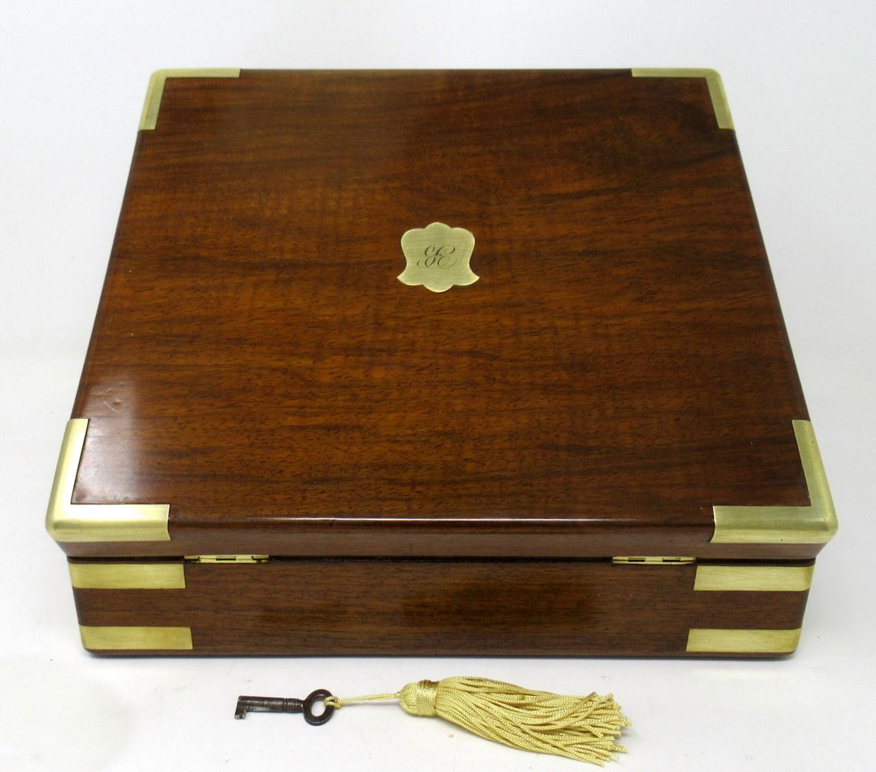 English Antique Vintage Solid Mahogany Wooden Jewelry Box Casket Brass Bound 19th Cent