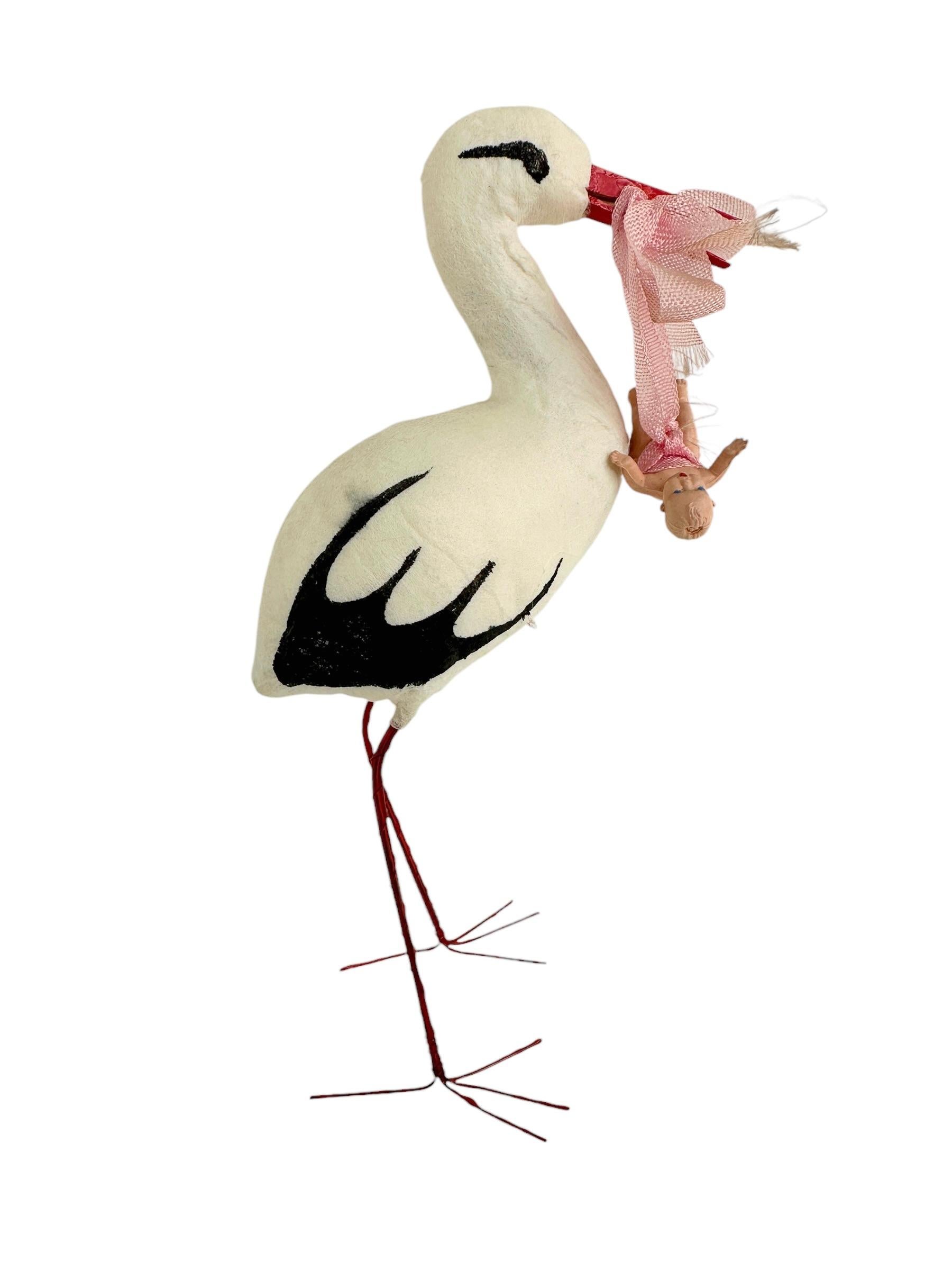 Folk Art Antique Vintage Spun Cotton Stork Bird Christmas Ornament Germany 1930s For Sale