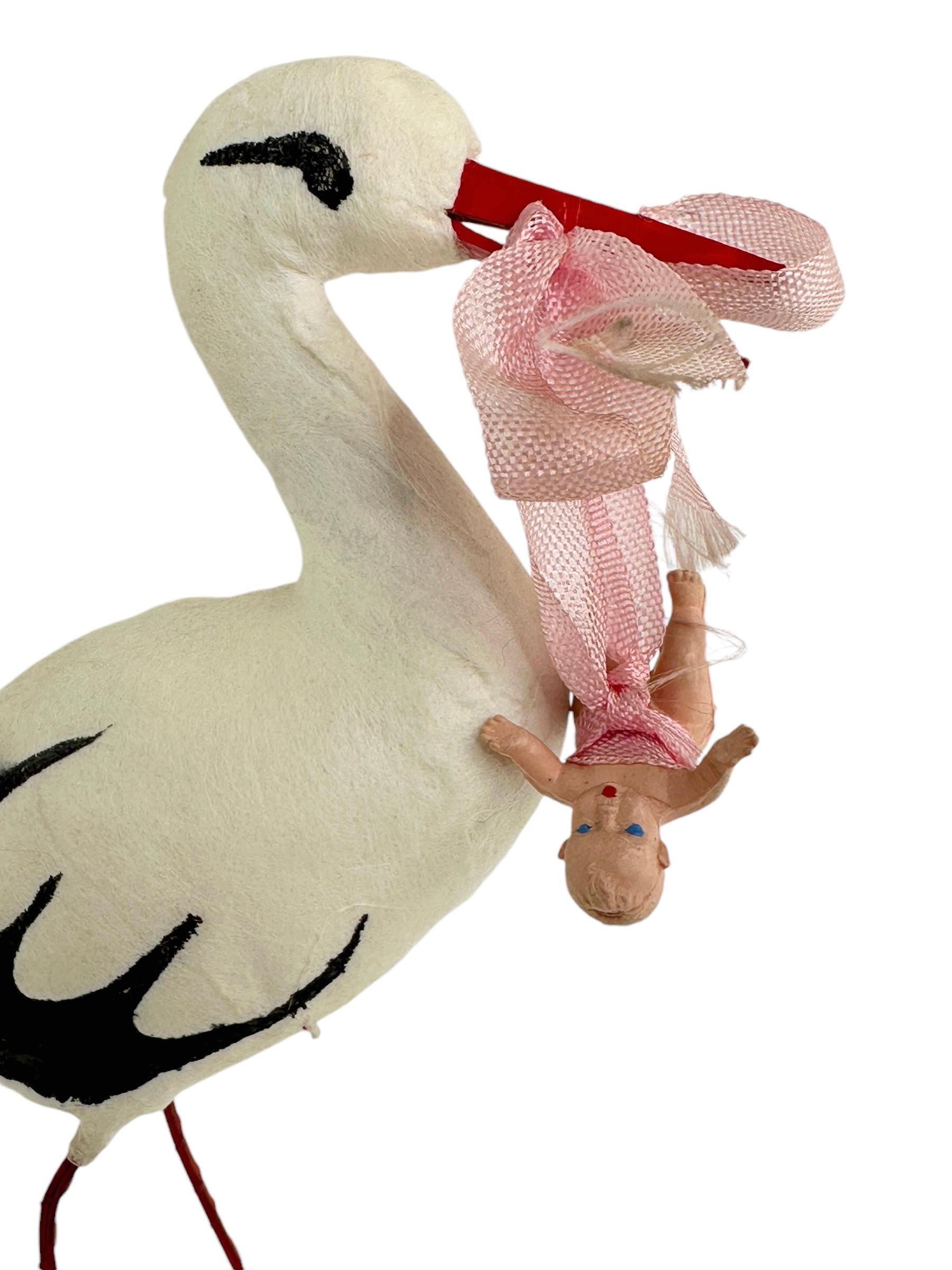 Mid-20th Century Antique Vintage Spun Cotton Stork Bird Christmas Ornament Germany 1930s For Sale