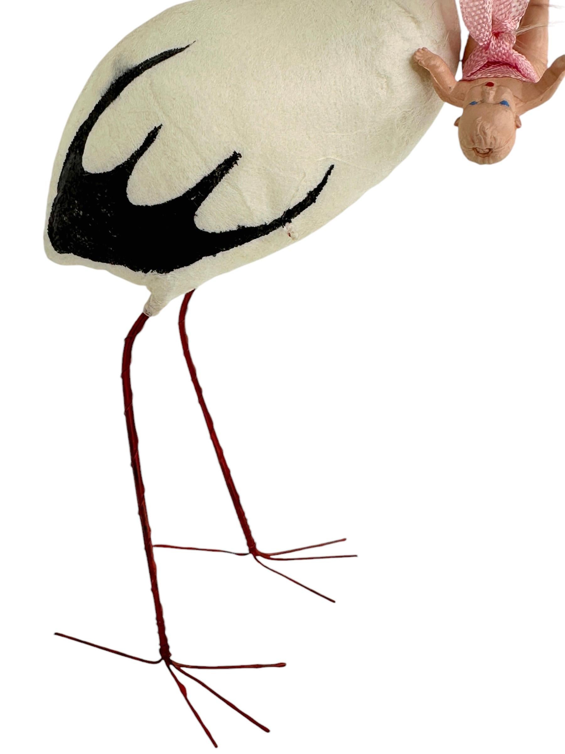 Antique Vintage Spun Cotton Stork Bird Christmas Ornament Germany 1930s For Sale 1