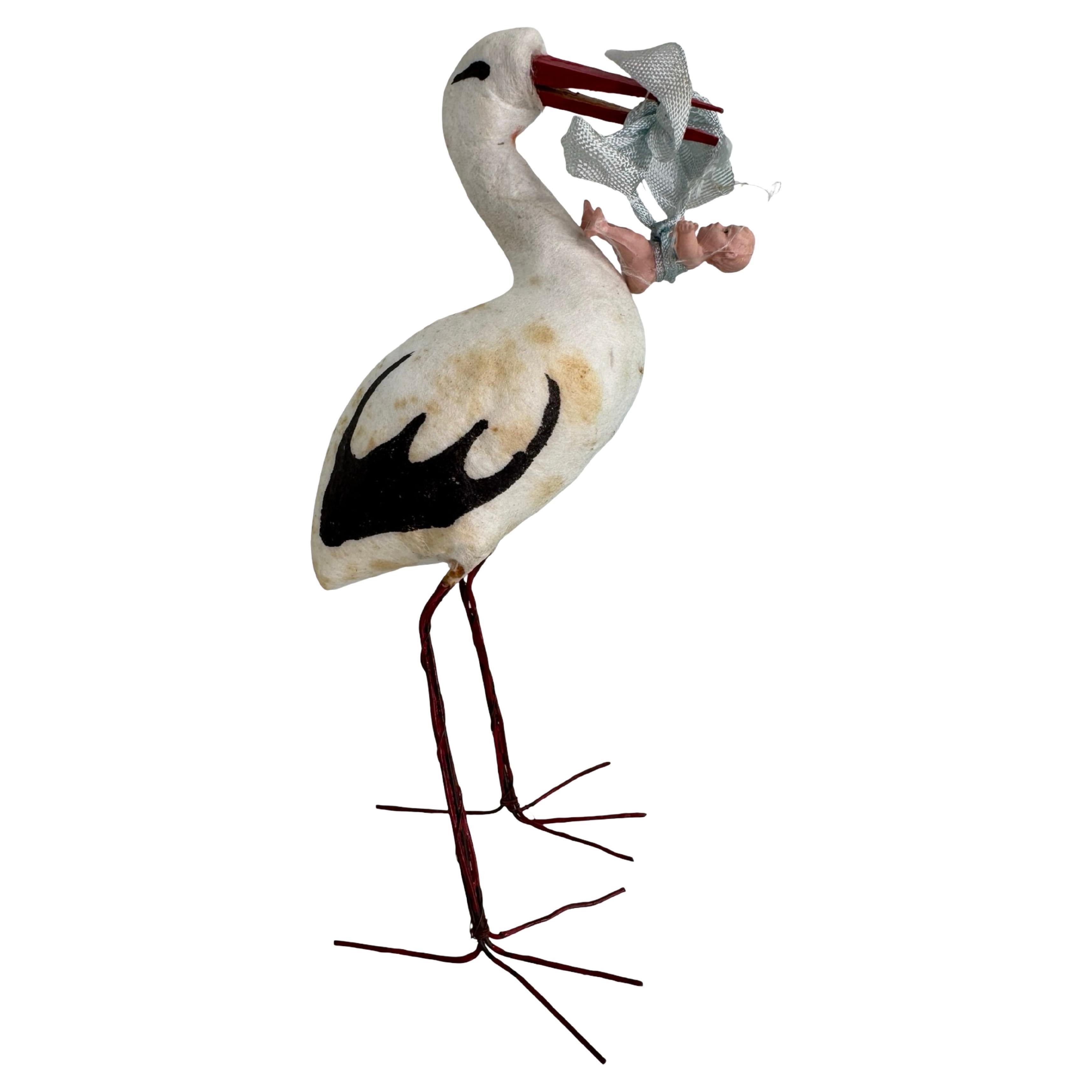 Antico ornamento natalizio in cotone filato, cicogna e uccello, Germania, anni 
30 in vendita