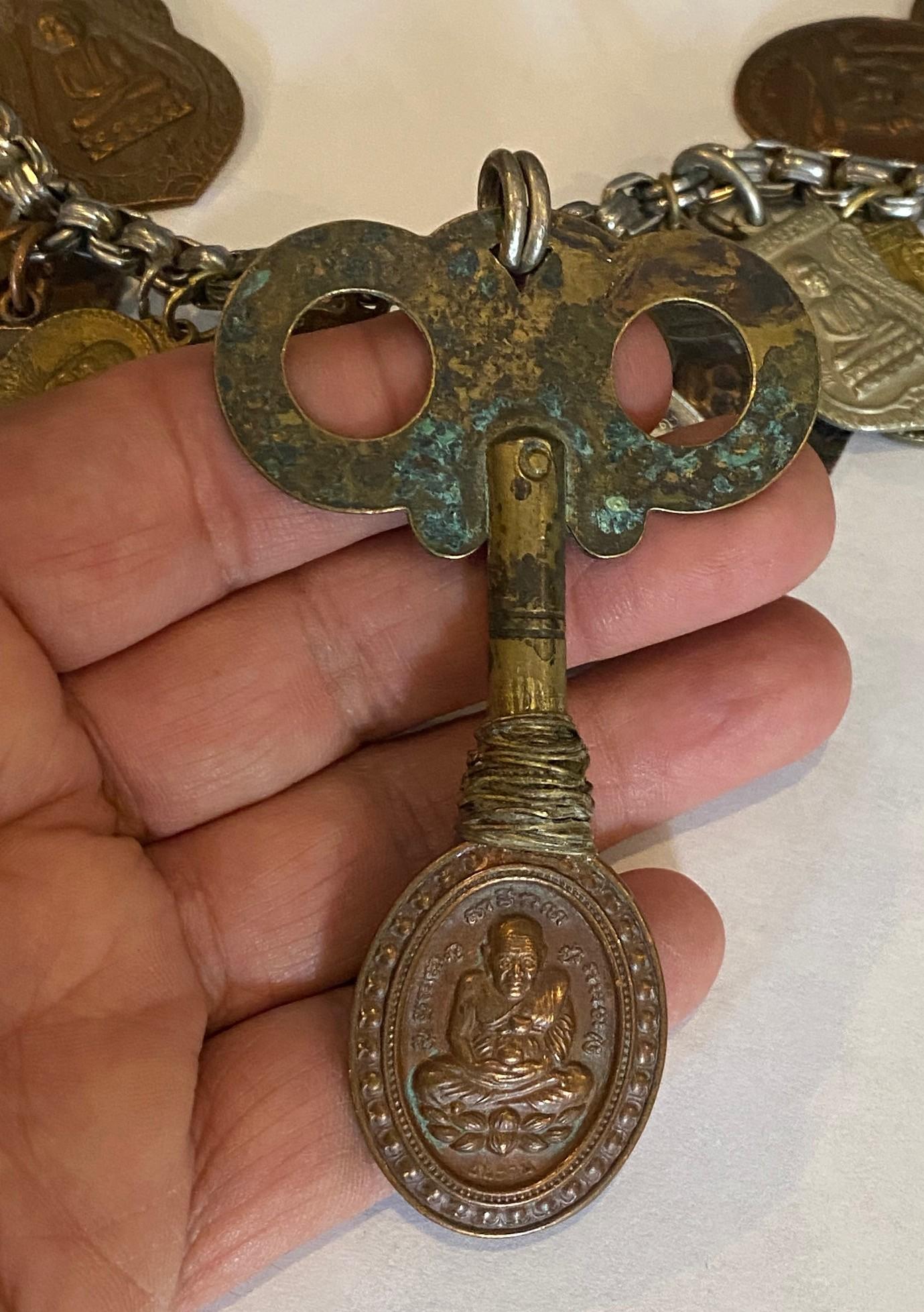 Antique Vintage Thai Buddha Buddhist Amulet Necklace with 33 Protective Charms For Sale 4