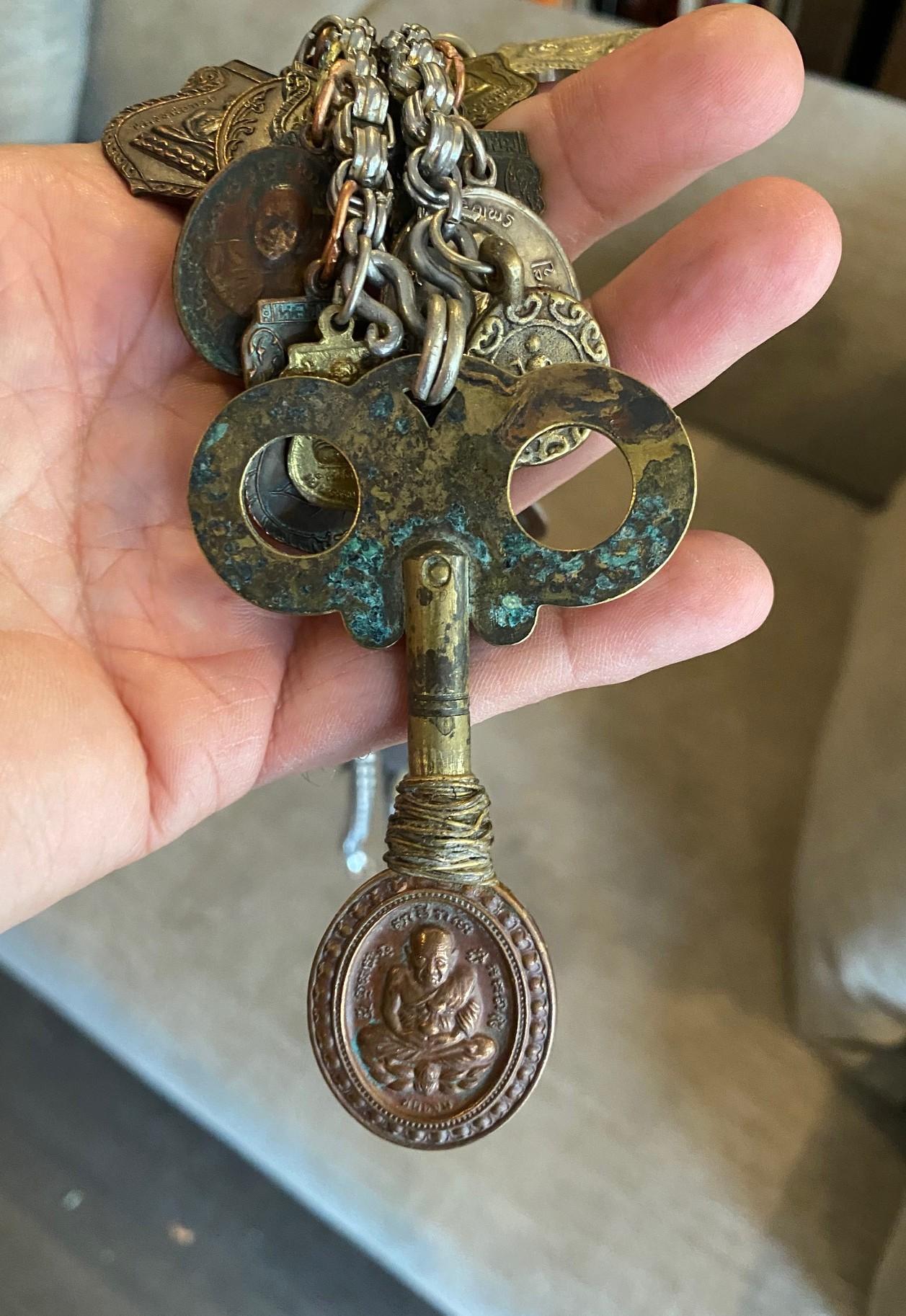 Antique Vintage Thai Buddha Buddhist Amulet Necklace with 33 Protective Charms For Sale 11