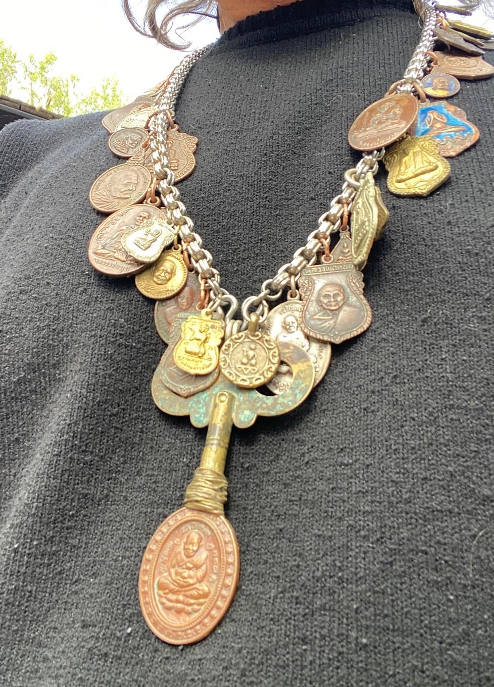 Antique Vintage Thai Buddha Buddhist Amulet Necklace with 33 Protective Charms For Sale 12