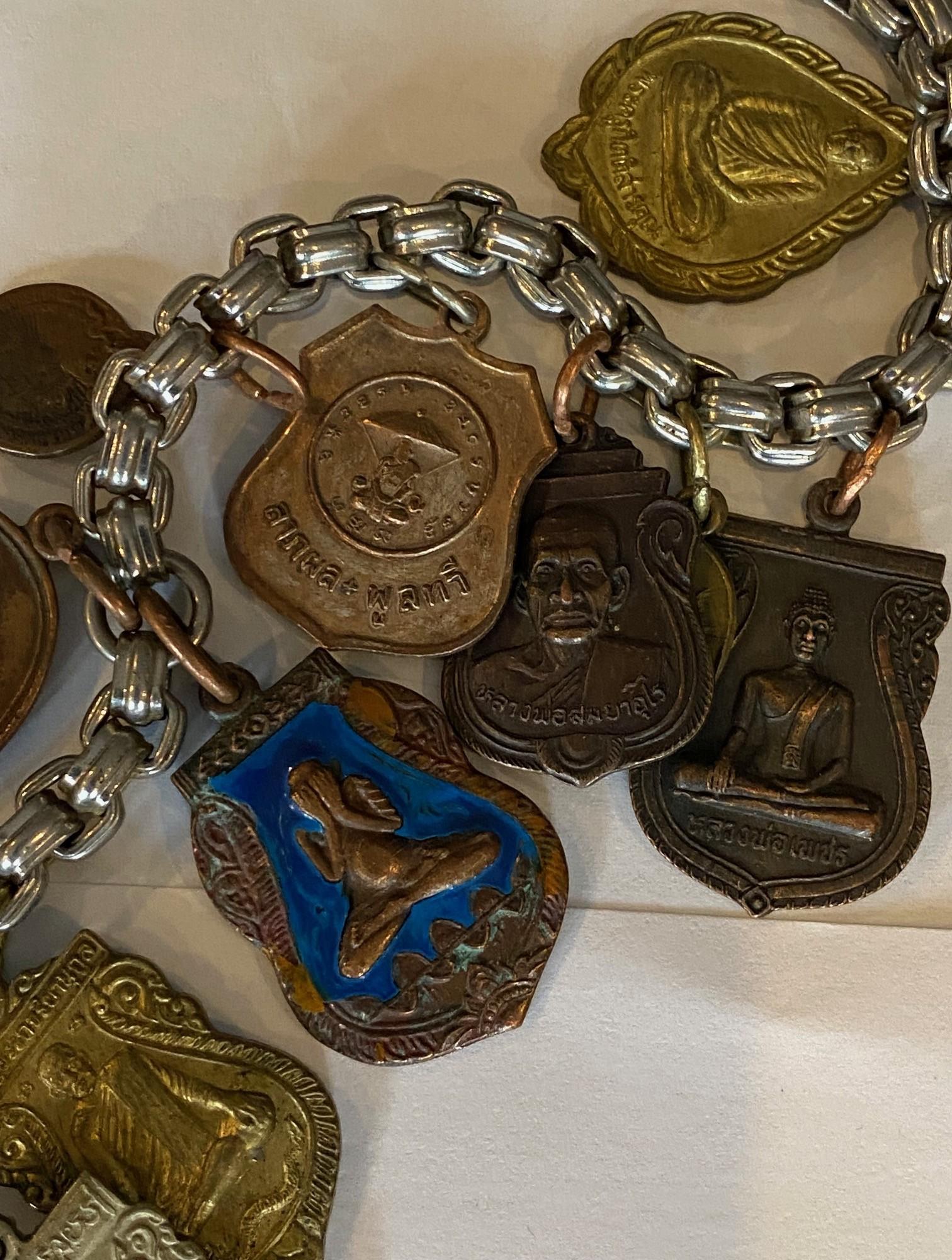 20th Century Antique Vintage Thai Buddha Buddhist Amulet Necklace with 33 Protective Charms For Sale