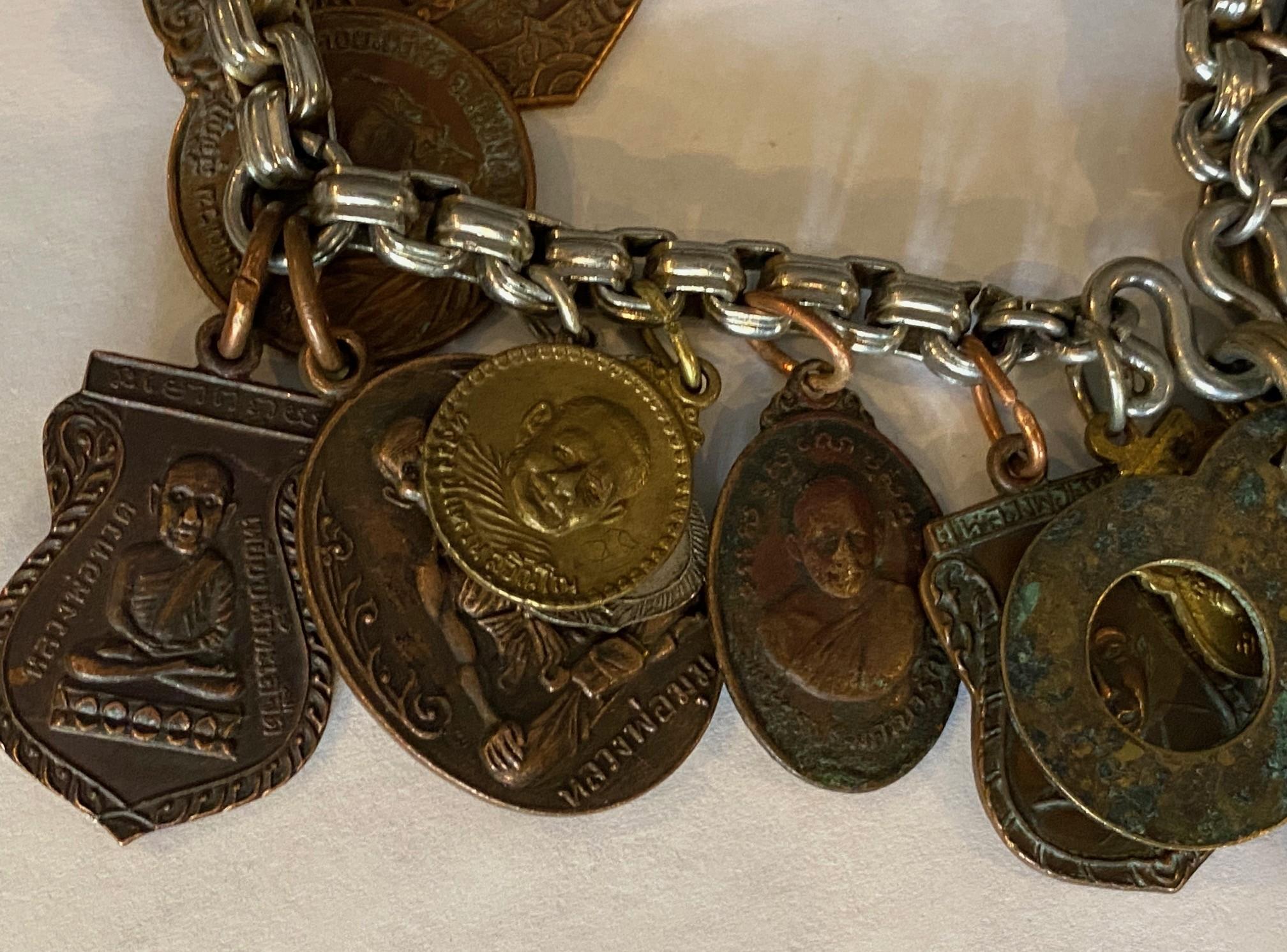 Metal Antique Vintage Thai Buddha Buddhist Amulet Necklace with 33 Protective Charms For Sale