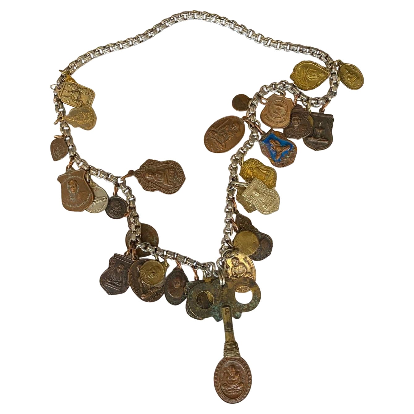 Antique Vintage Thai Buddha Buddhist Amulet Necklace with 33 Protective Charms