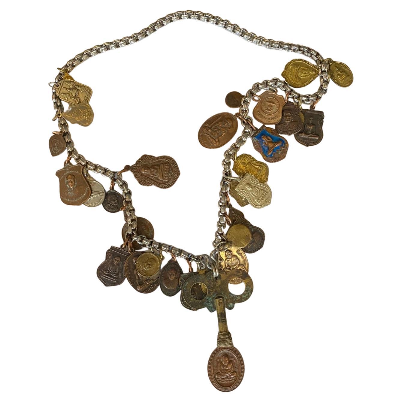 Antique Vintage Thai Buddha Buddhist Amulet Necklace with 33 Protective Charms For Sale