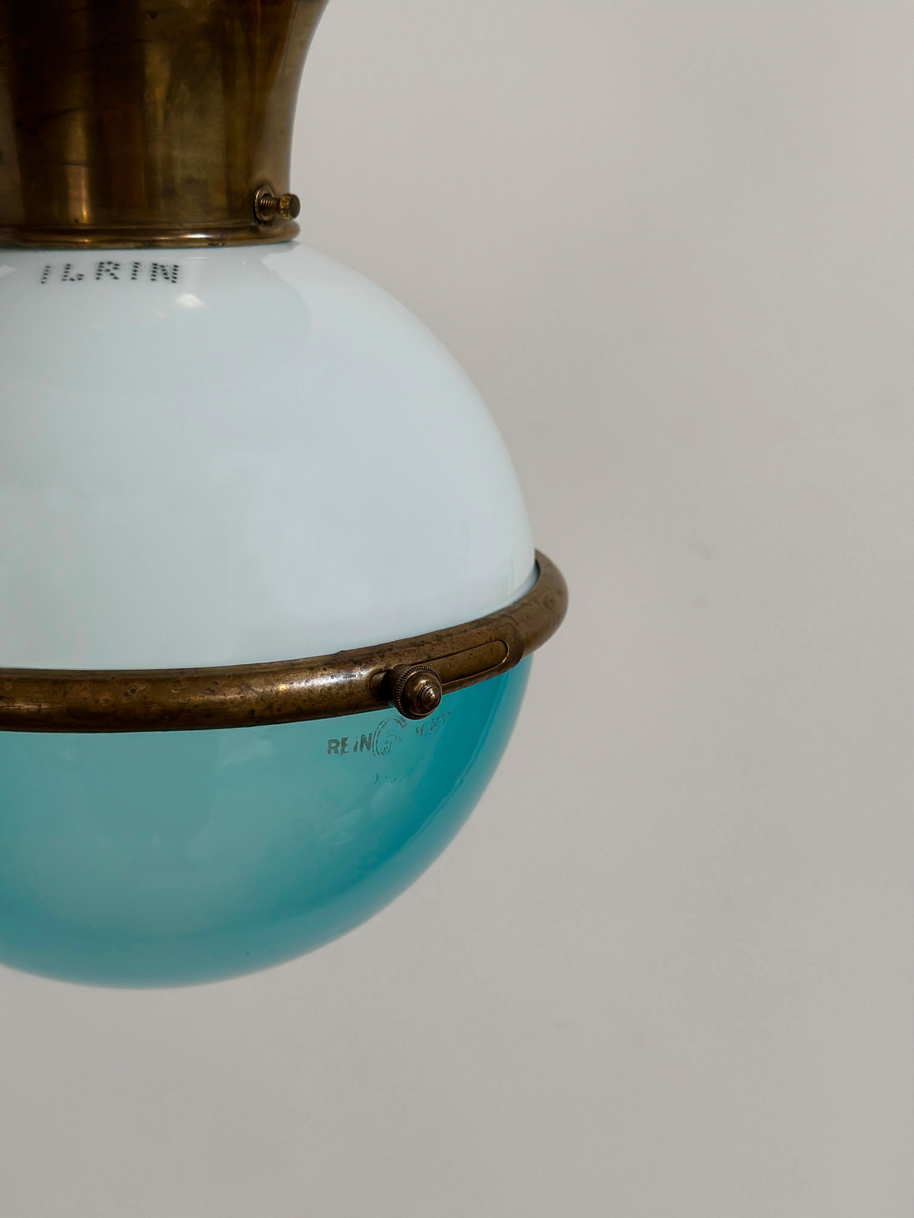 German Antique Vintage Two Tone Opaline Blue Glass Ilrin Flush Mounted Ceiling Pendant