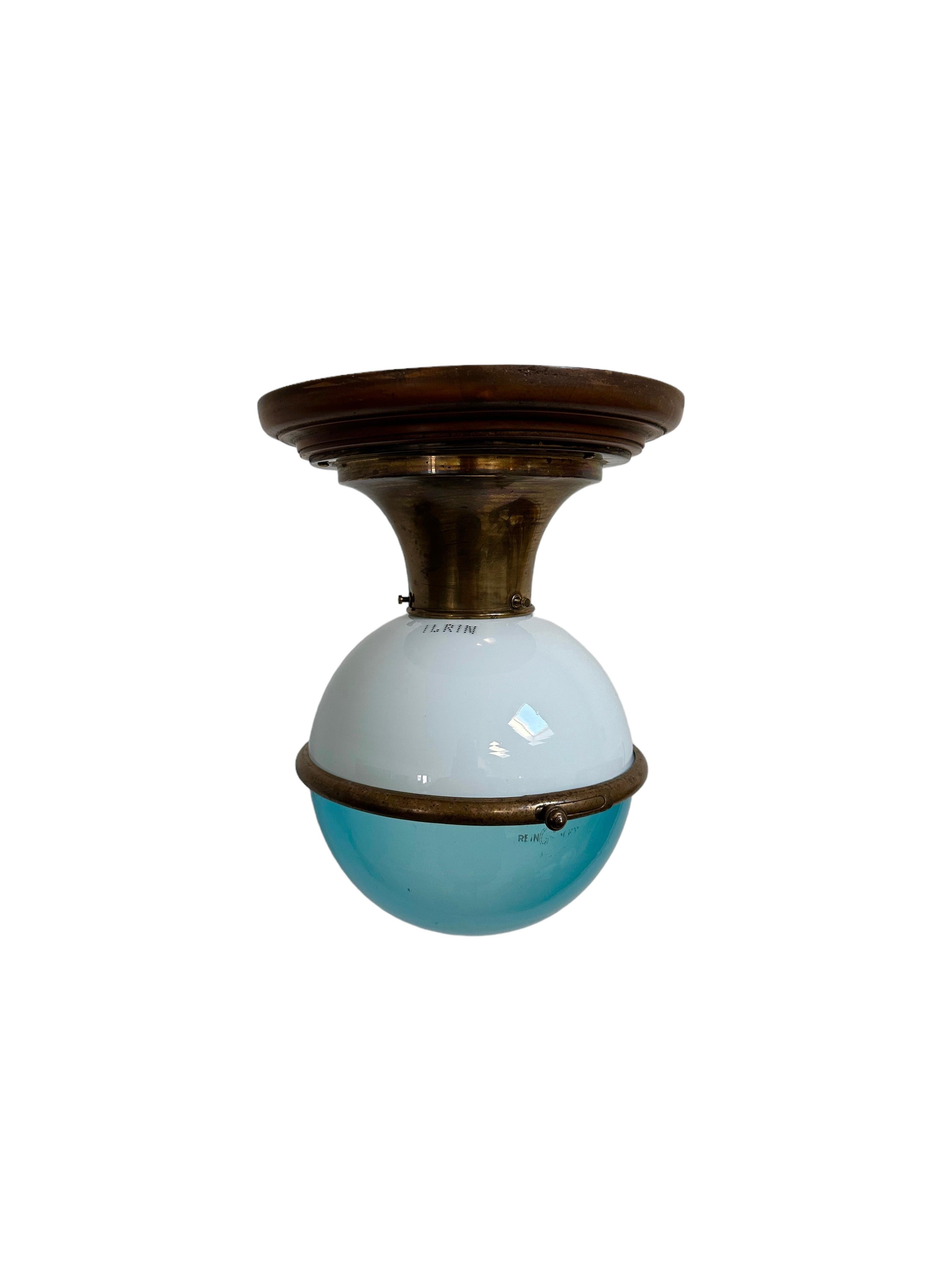Antique Vintage Two Tone Opaline Blue Glass Ilrin Flush Mounted Ceiling Pendant In Good Condition In Sale, GB