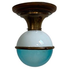 Antique Vintage Two Tone Opaline Blue Glass Ilrin Flush Mounted Ceiling Pendant