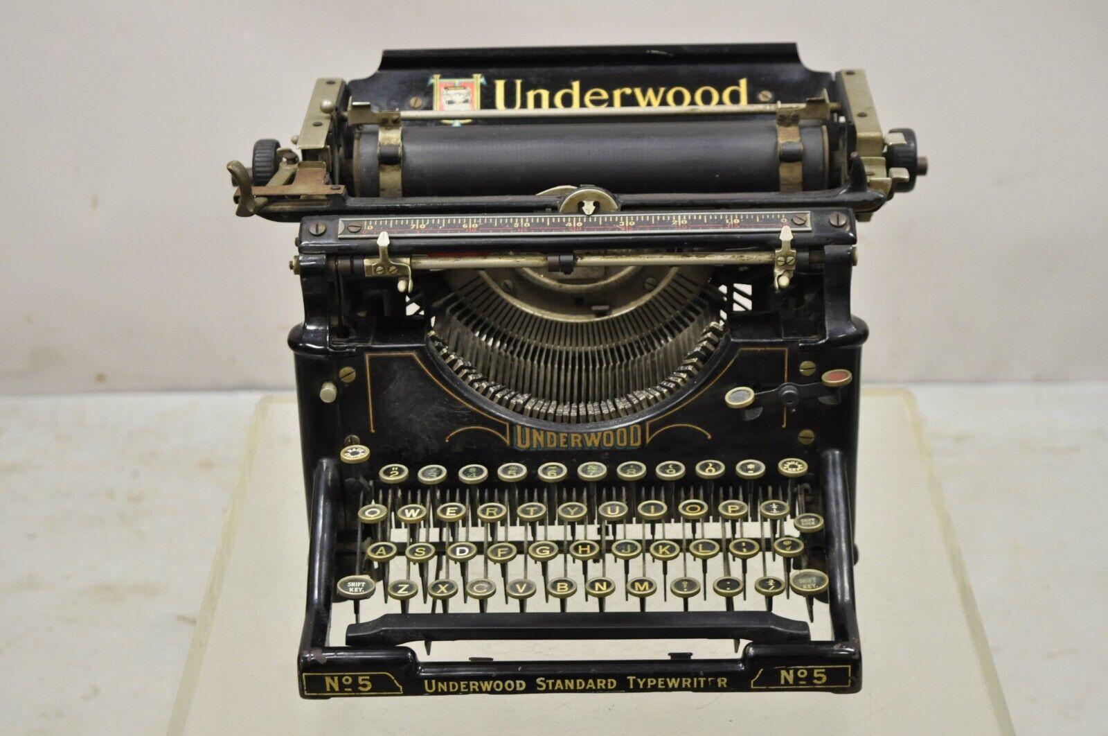 Antique Vintage Underwood No 5 Standard Typewriter Black Art Deco Display. Circa Early 1900s. Measurements: 9