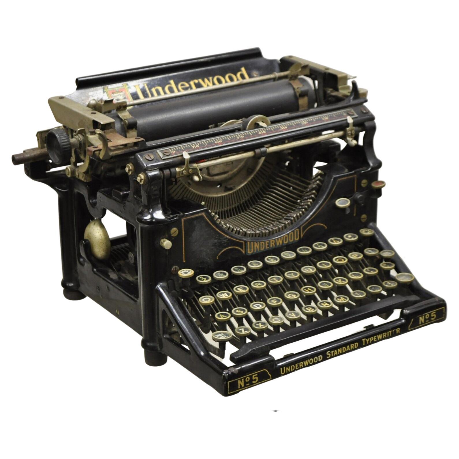 Antique Vintage Underwood No 5 Standard Typewriter Black Art Deco Display